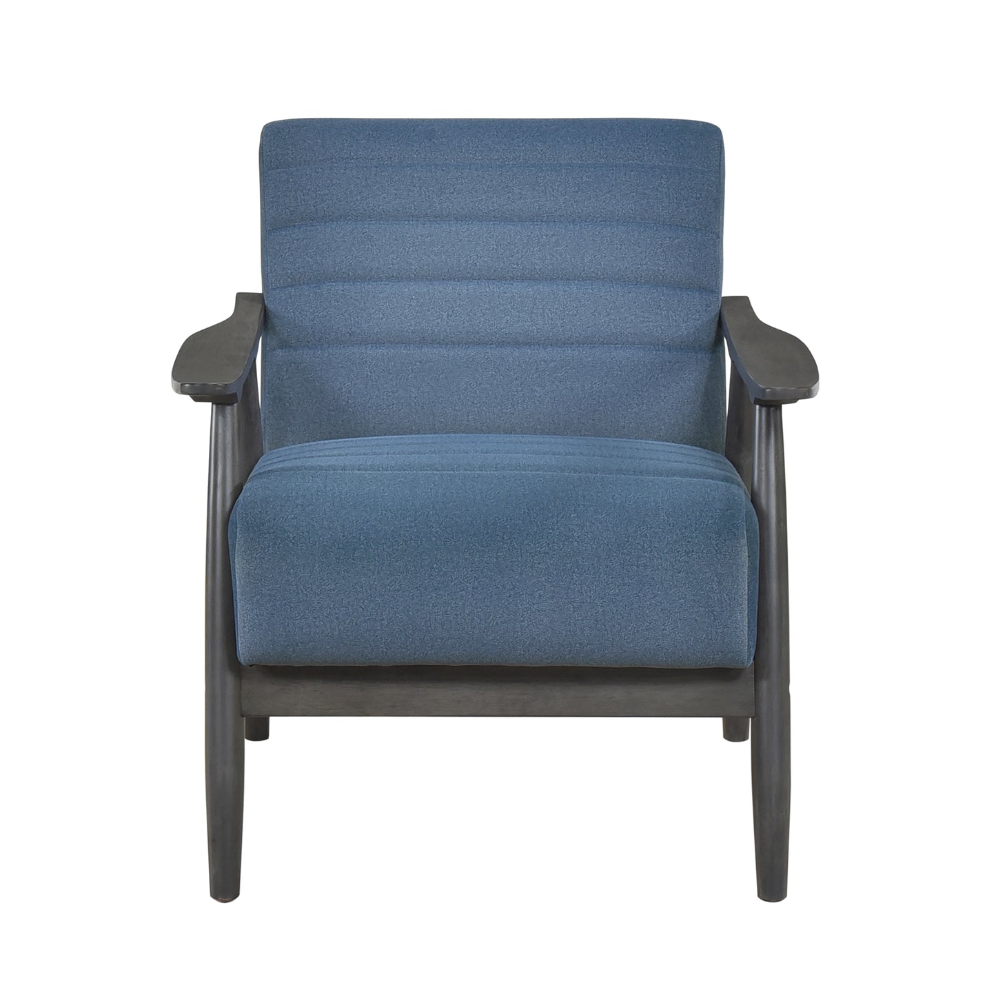 Blue upholstered accent chair with dark wood arms and legs for modern living spaces