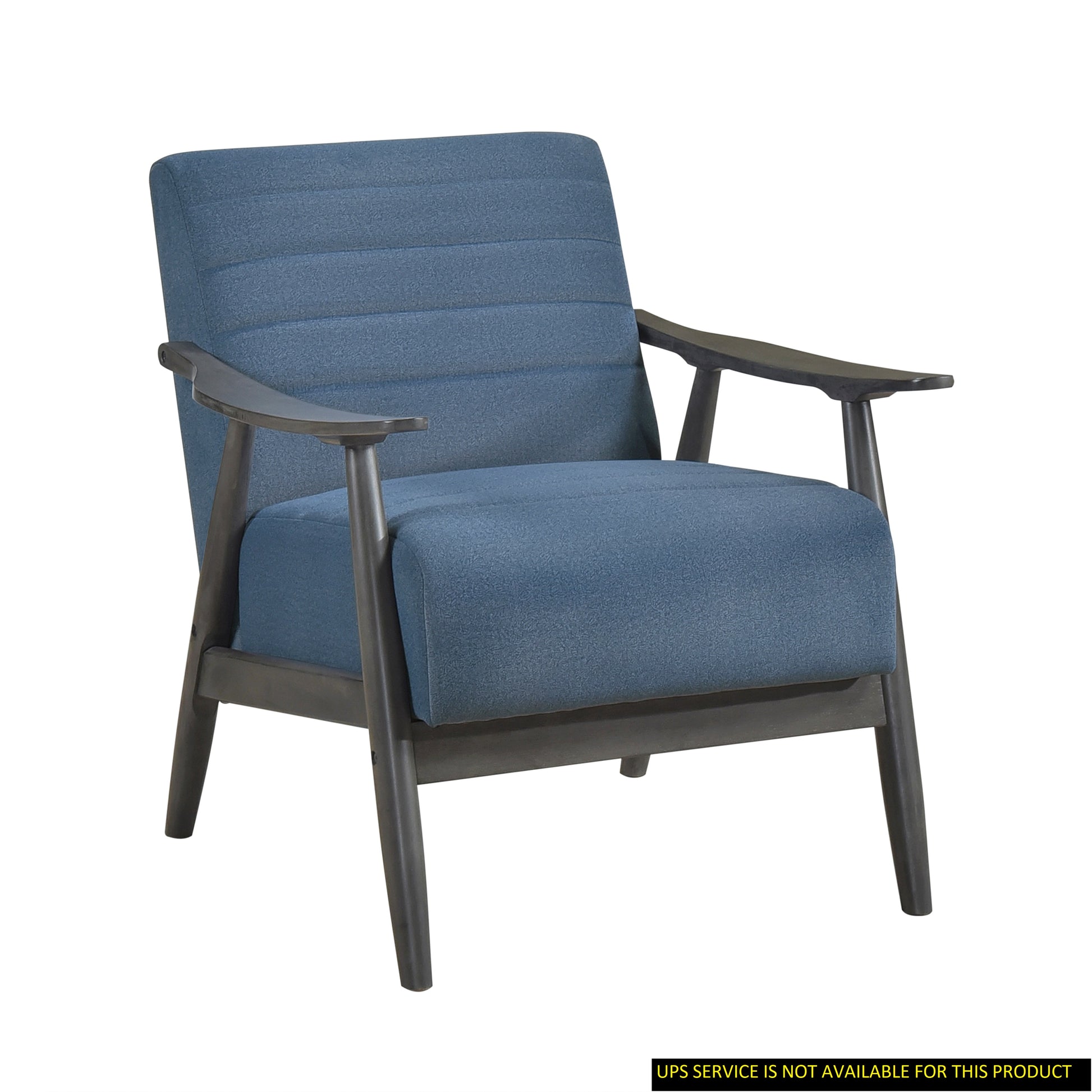 Midcentury modern blue fabric armchair with dark wood frame