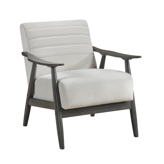 Cream textured accent chair with dark wood frame and arms
