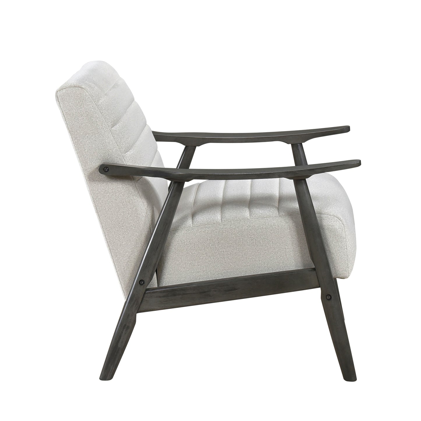 Cream fabric armchair with quilted back and dark wood frame