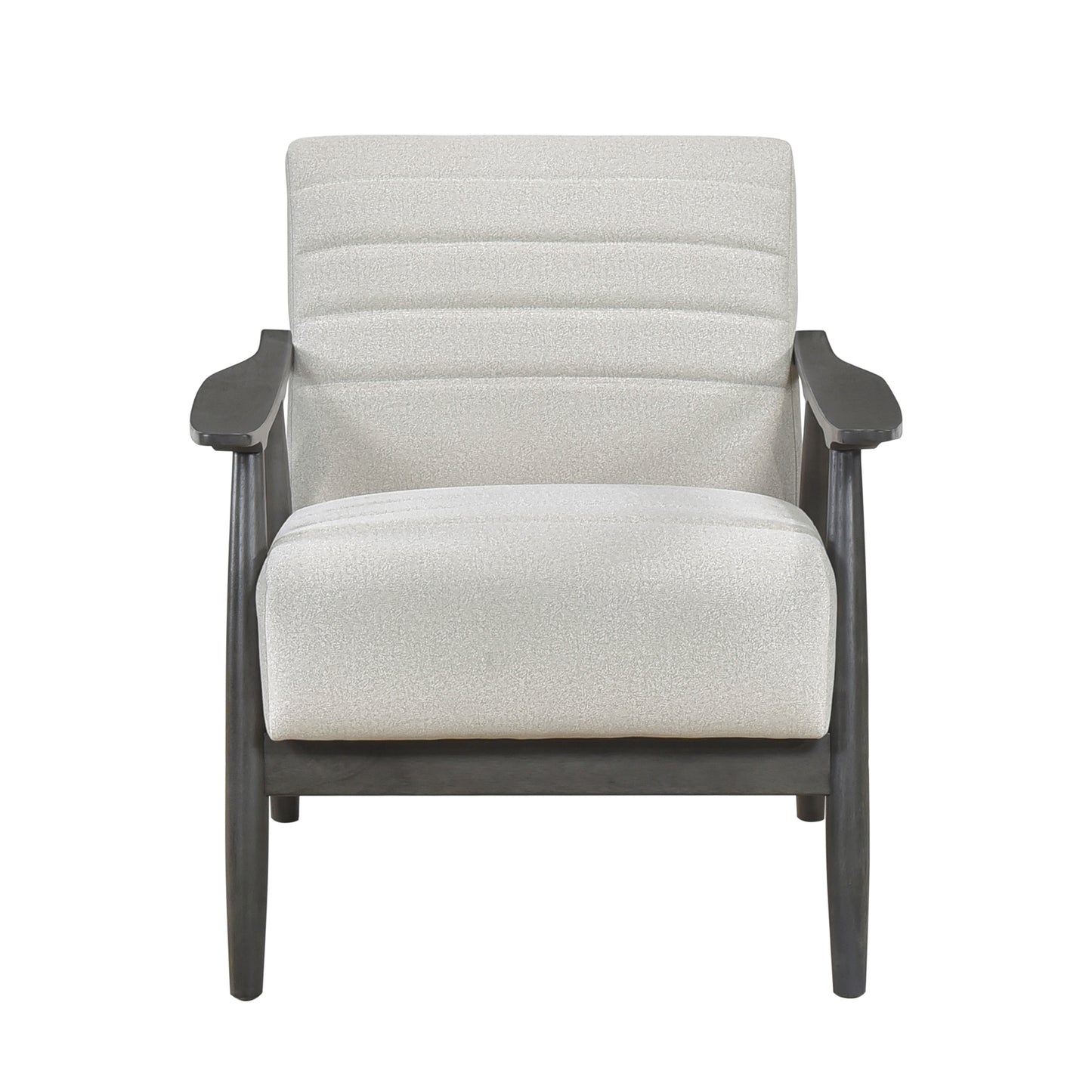 Modern accent chair with light gray textured fabric and dark wood frame