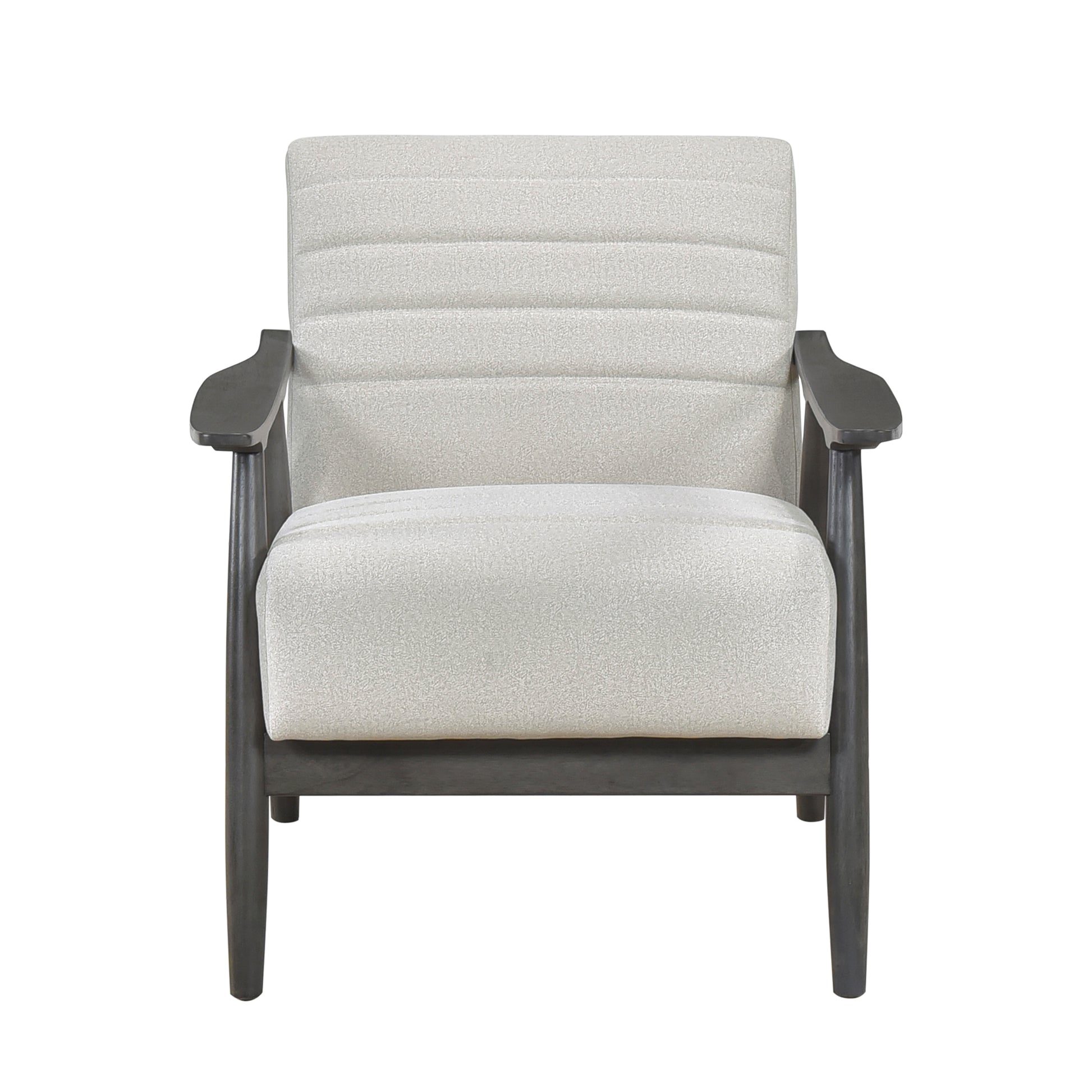 Modern accent chair with light gray textured fabric and dark wood frame