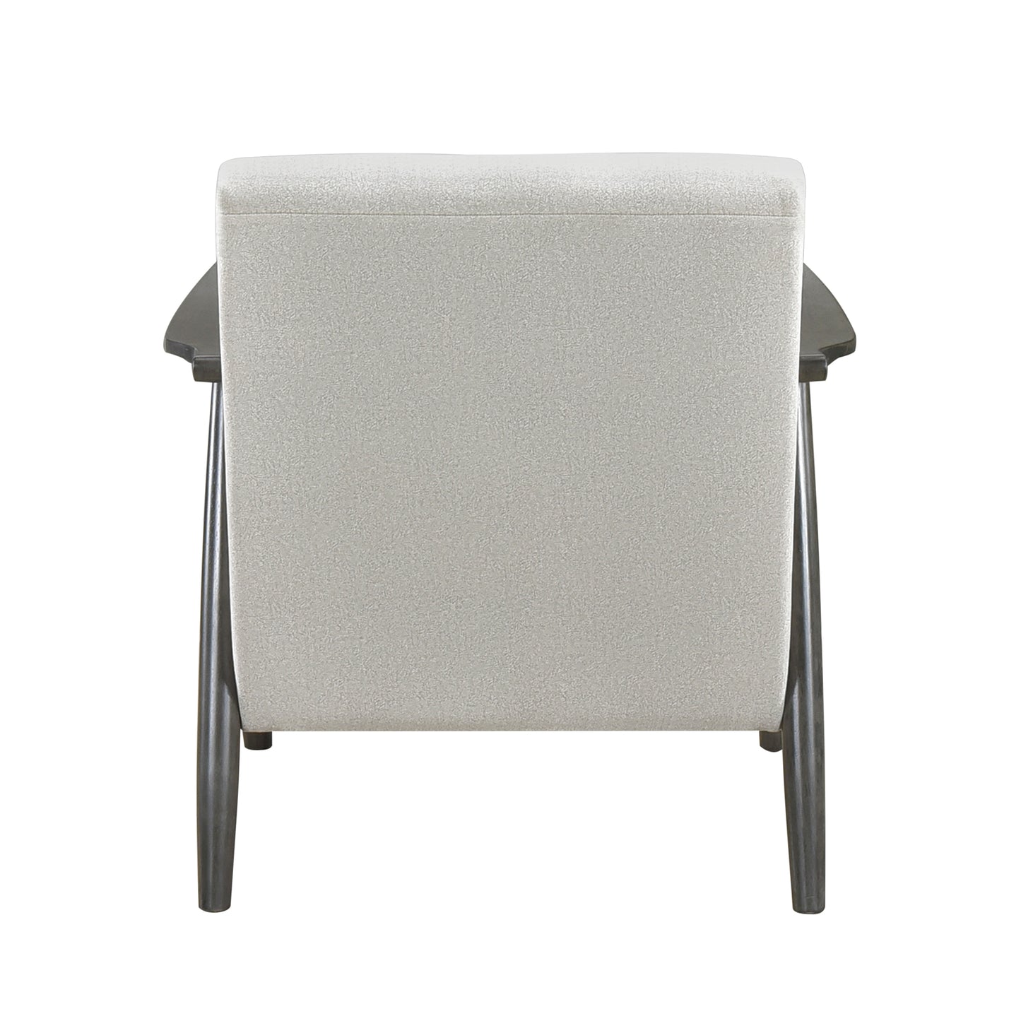 Back view of a light gray upholstered accent chair with dark wood legs