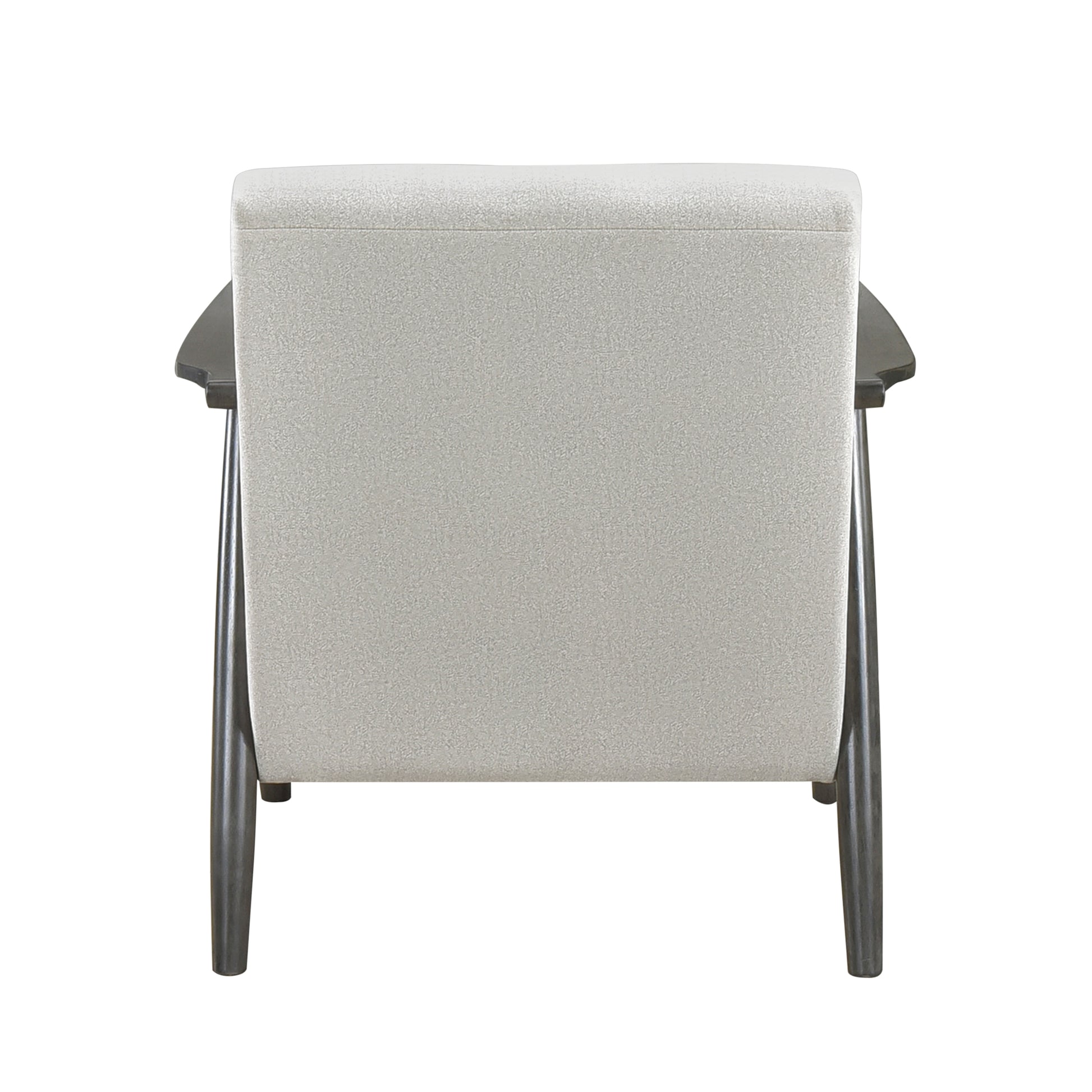 Back view of a light gray upholstered accent chair with dark wood legs