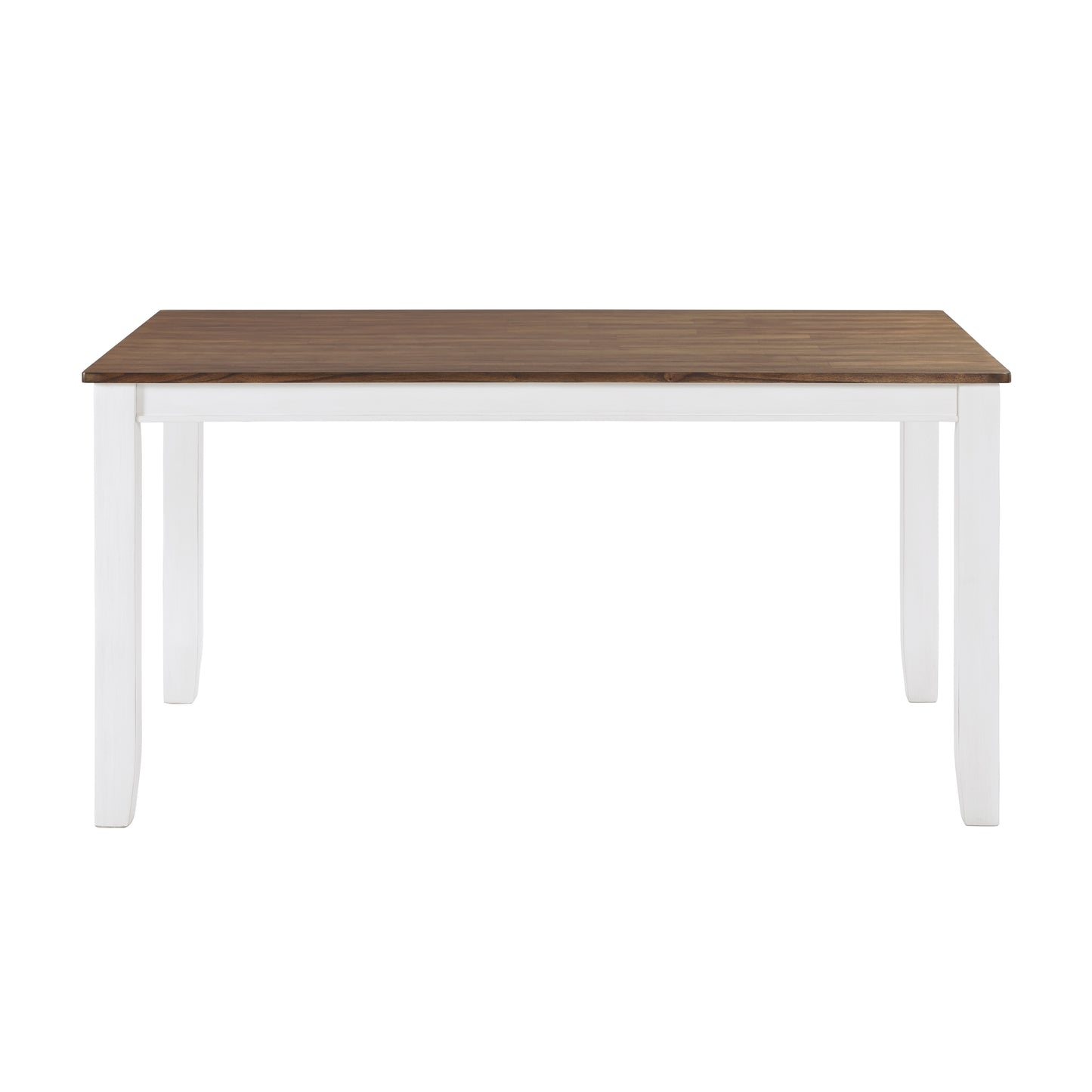 Rectangular dining table with a dark wood tabletop and white legs