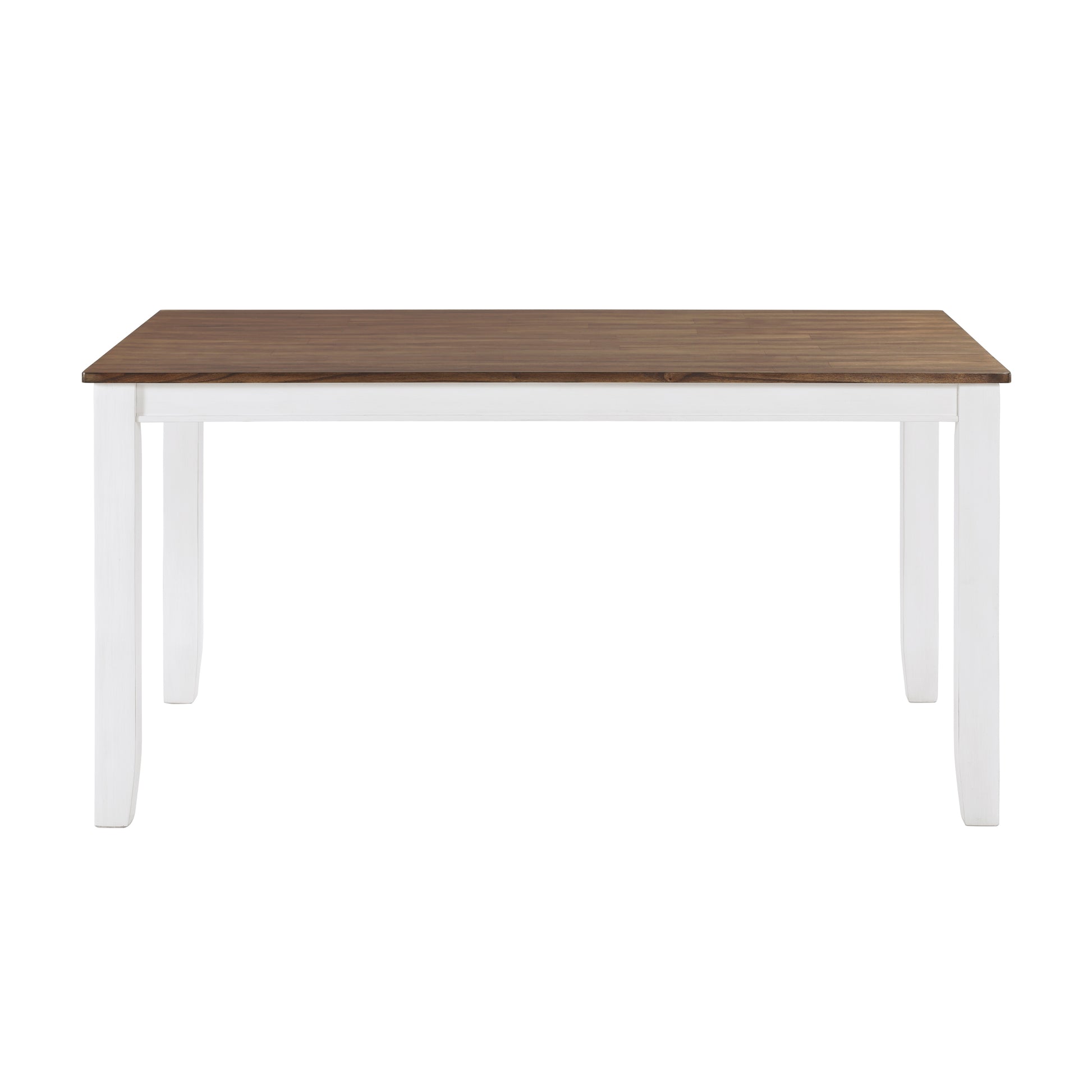 Rectangular dining table with a dark wood tabletop and white legs