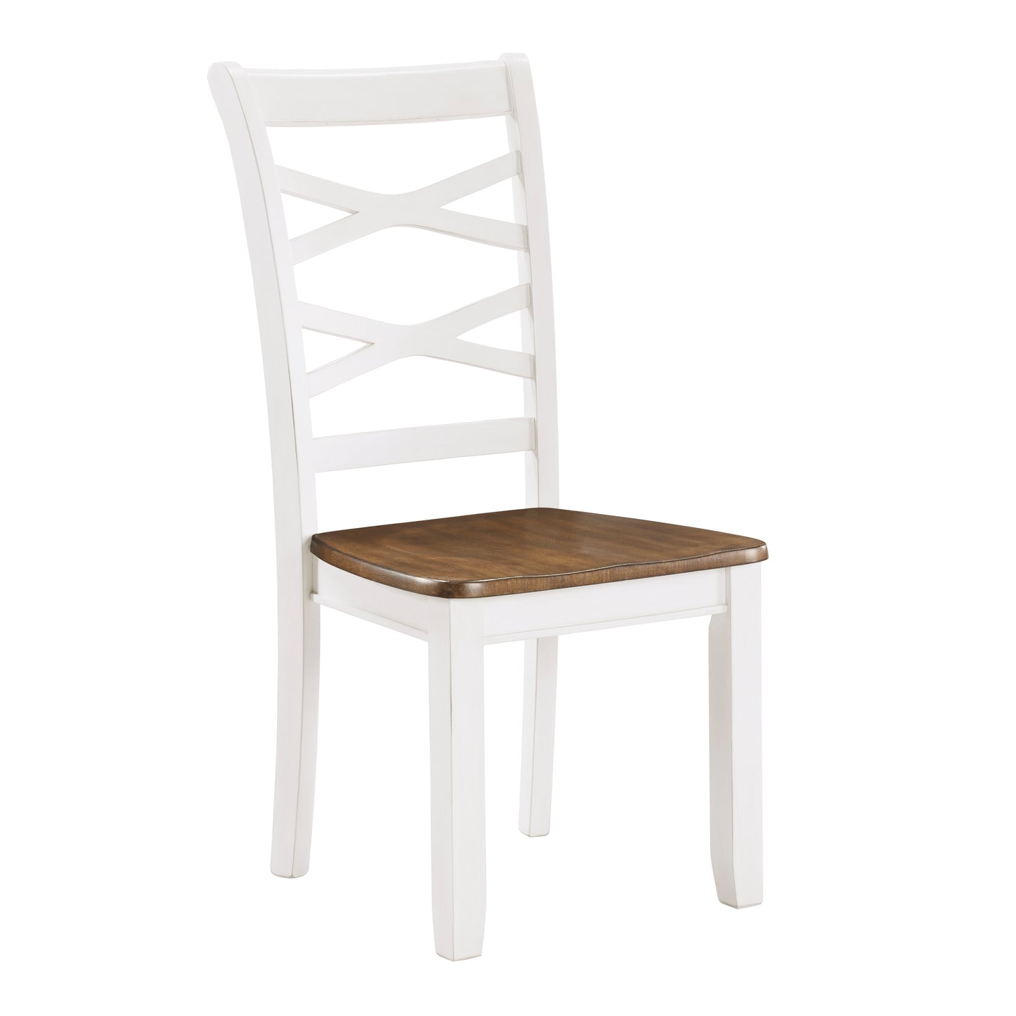 White dining chair with Xback and dark wood seat
