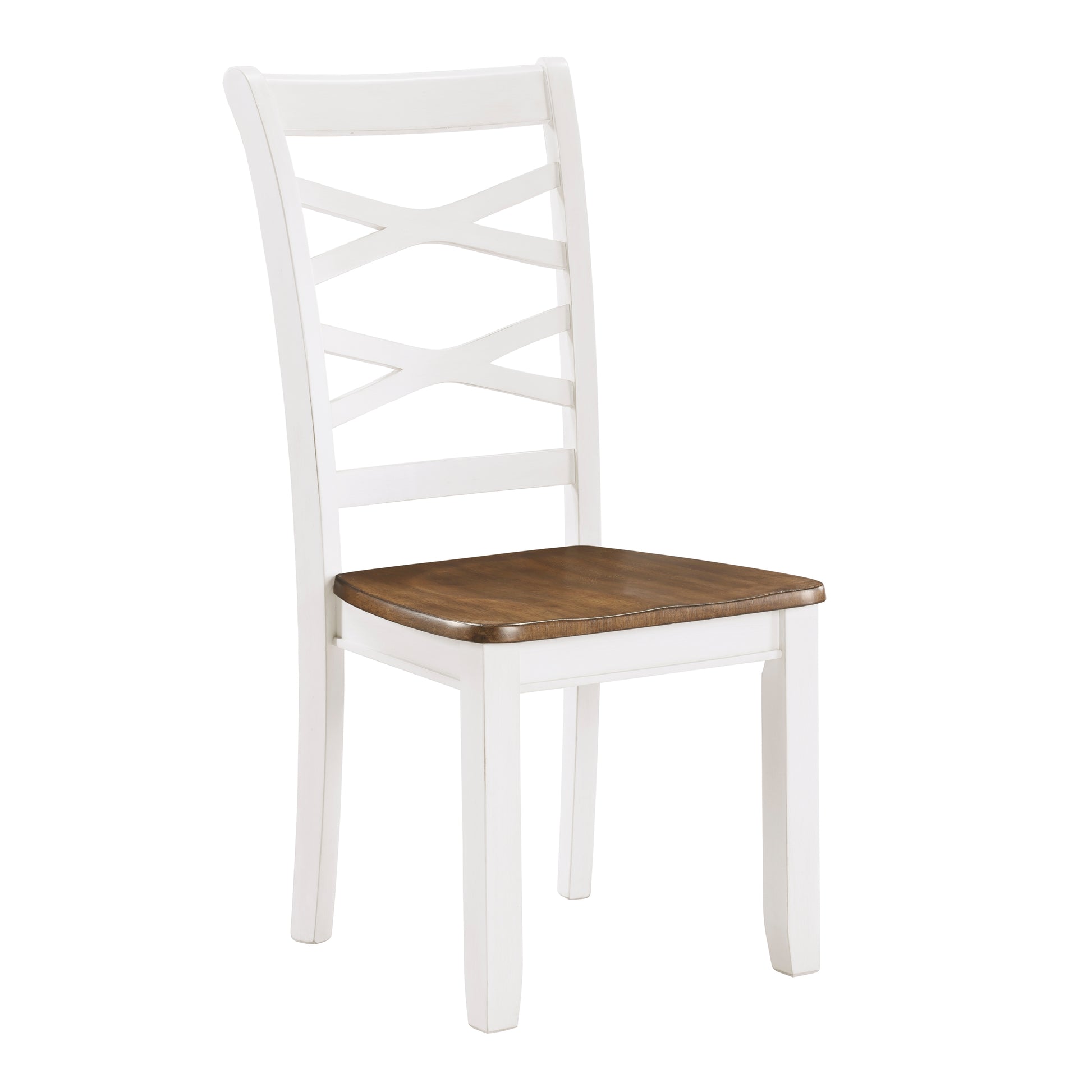 White dining chair with Xback and dark wood seat