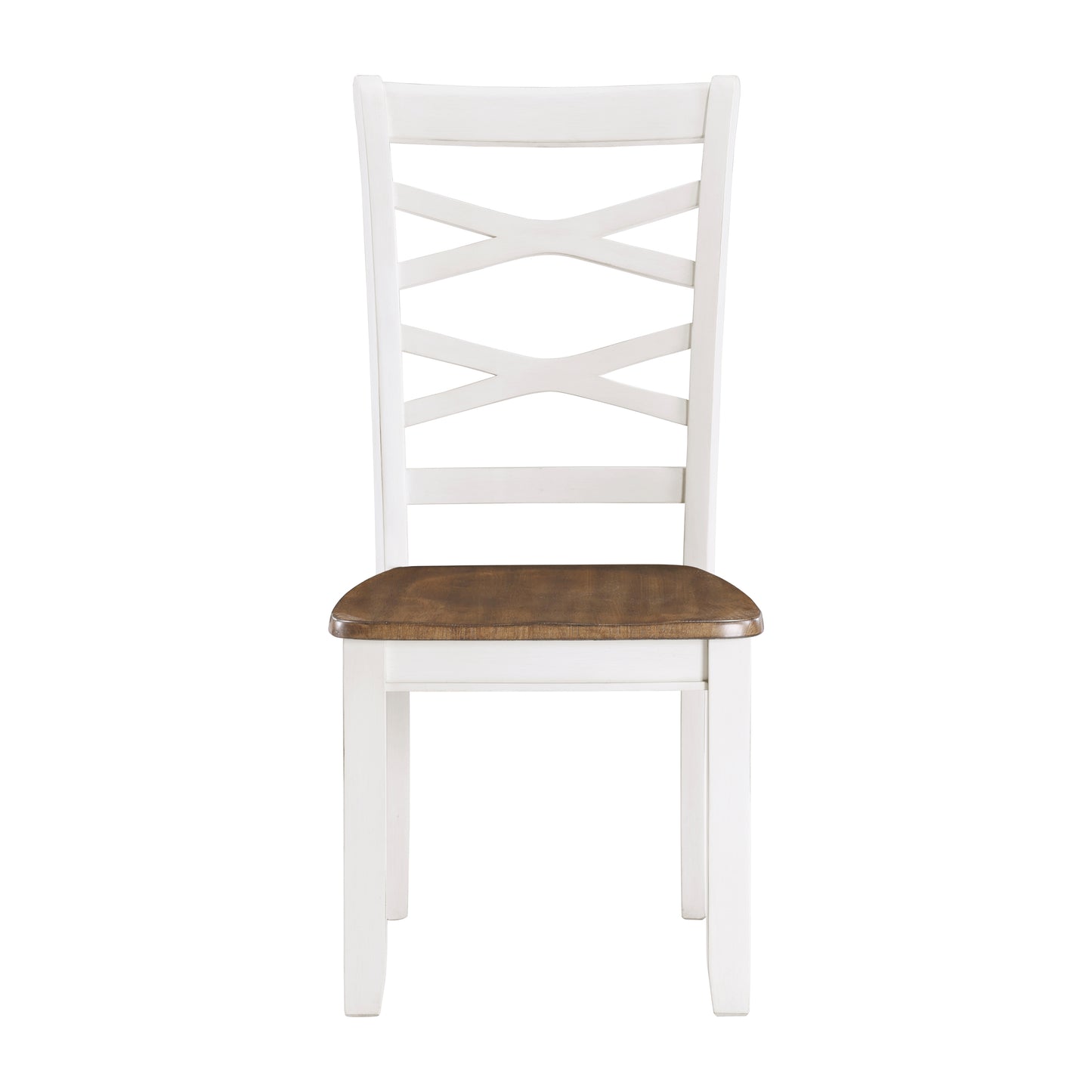 White wooden dining chair with crisscross back and dark wood seat