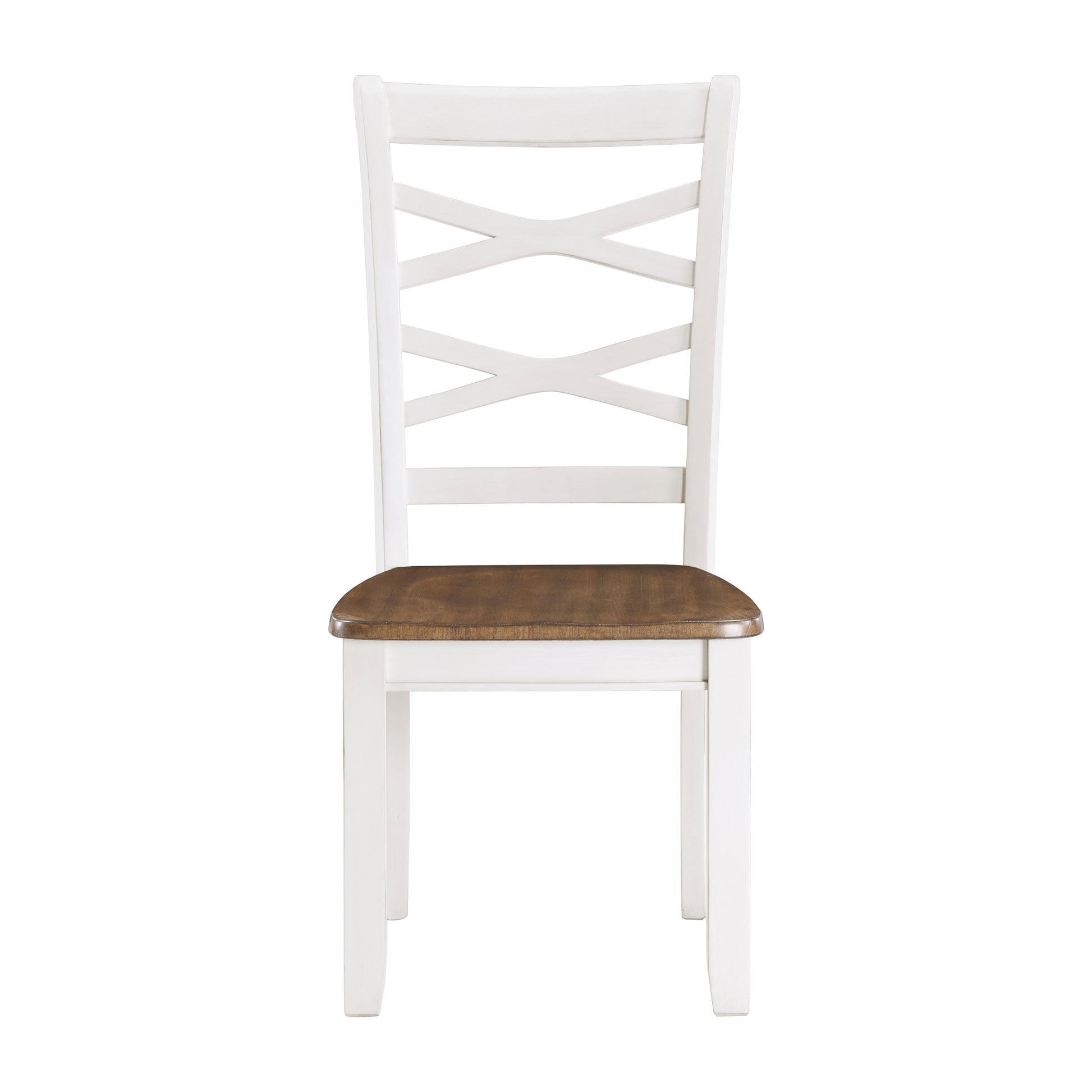 White wooden dining chair with crisscross back and dark wood seat