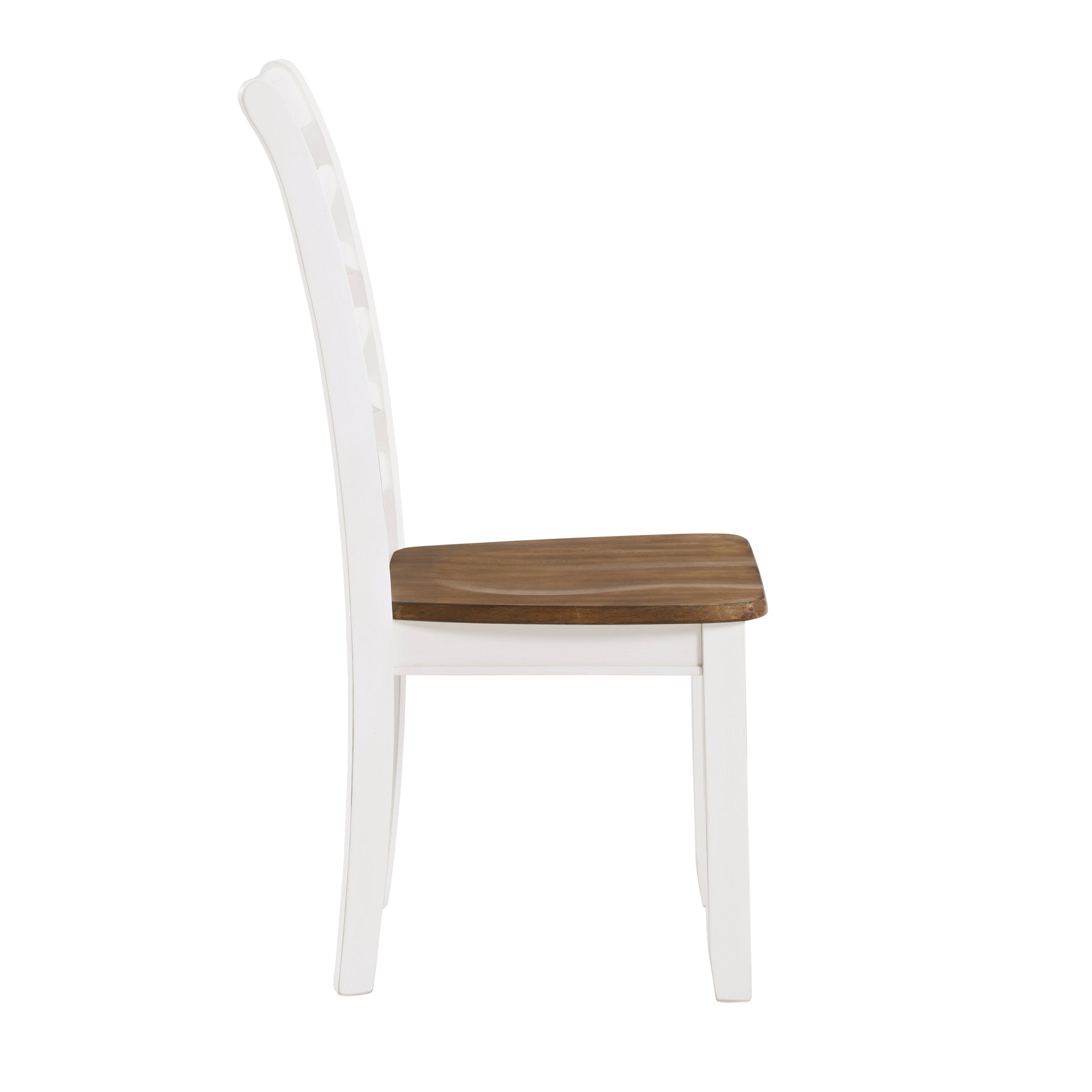 Side view of a white wooden dining chair with a contoured natural wood seat