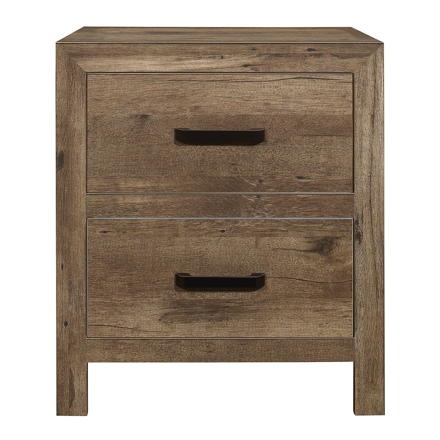 Rustic brown wood veneer nightstand with two dark metal drawer pulls