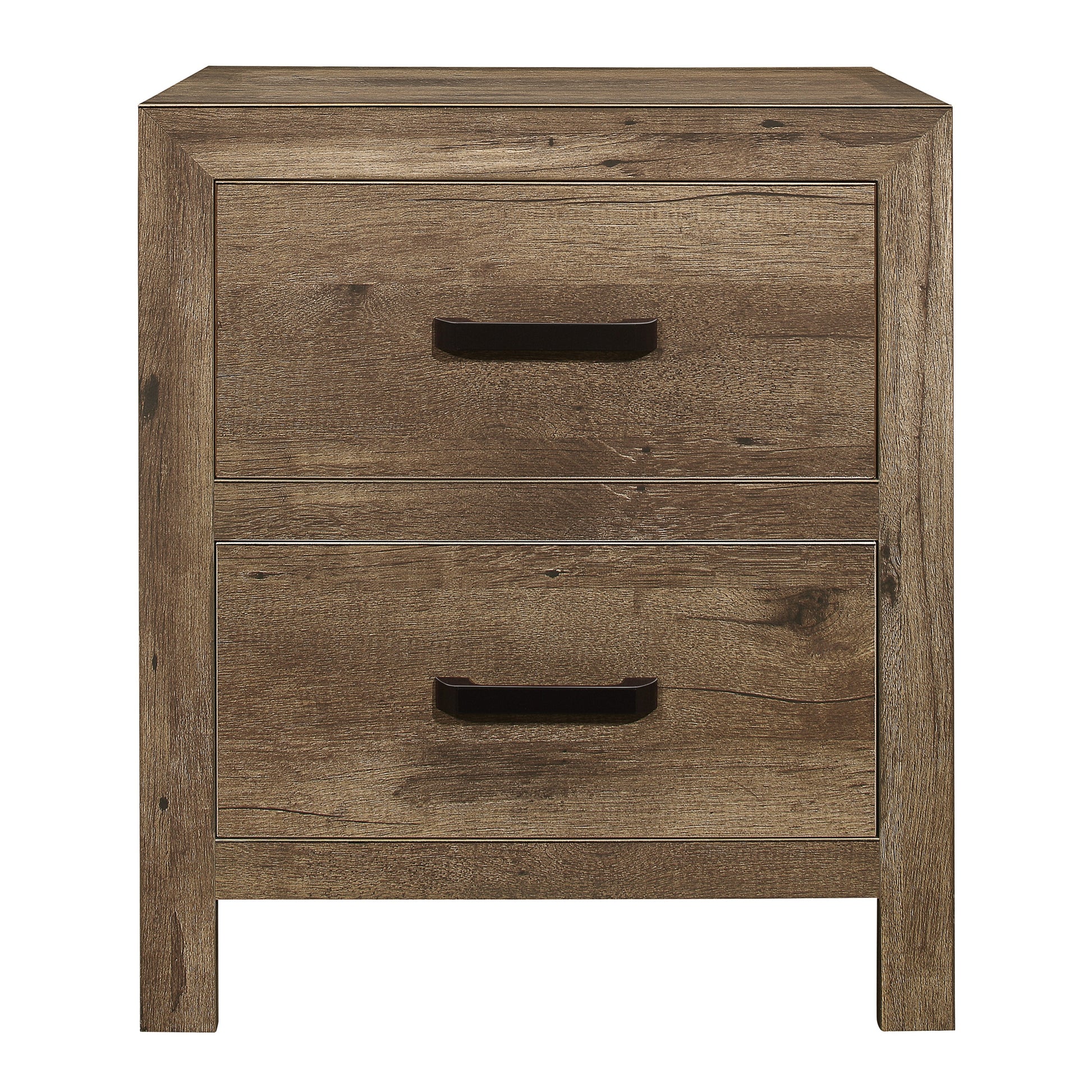 Rustic brown wood veneer nightstand with two dark metal drawer pulls