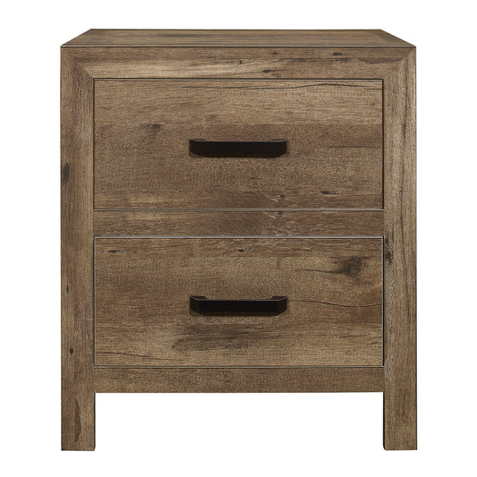 Rustic brown wood veneer nightstand with two dark metal drawer pulls