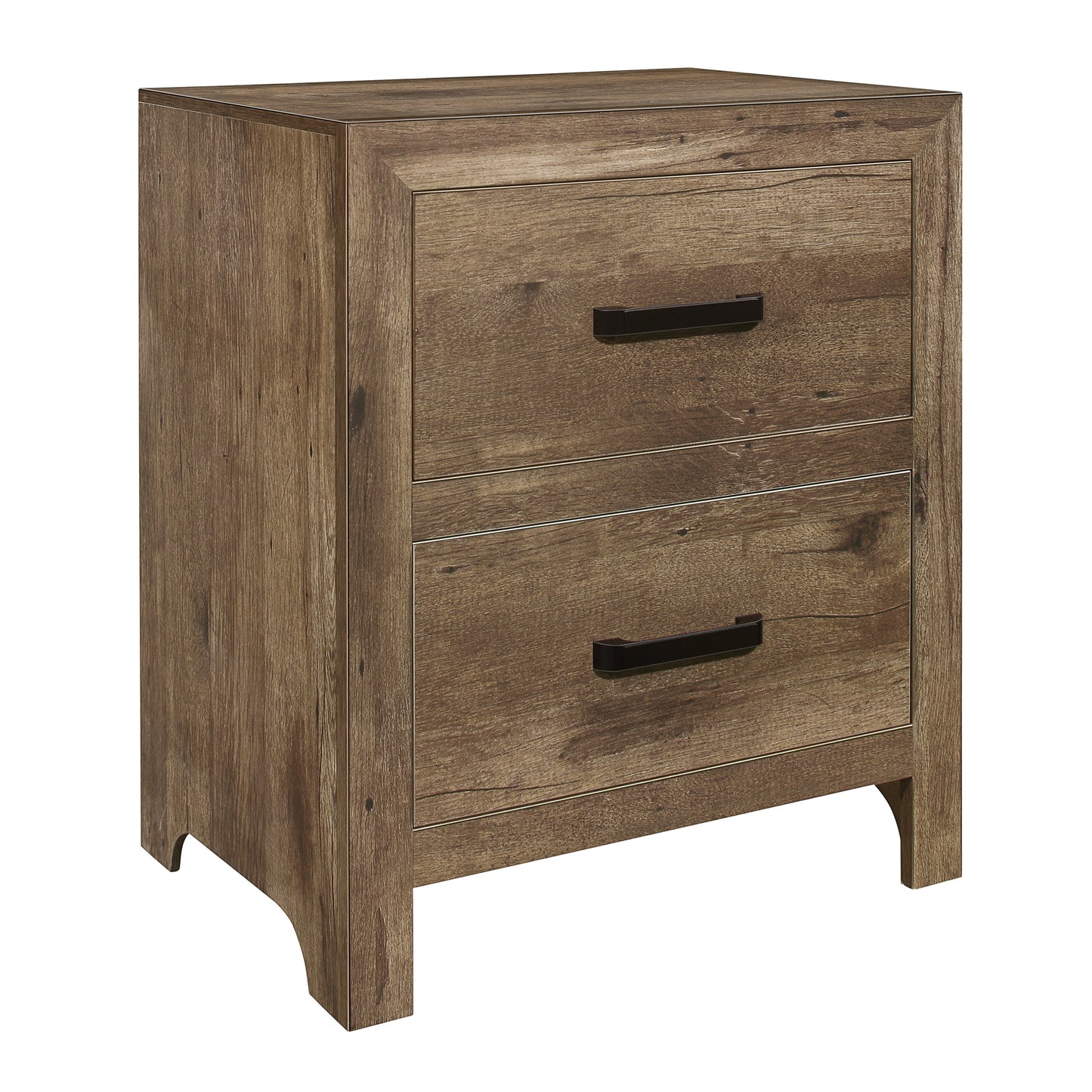 Rustic wood finish nightstand with two drawers and black handles