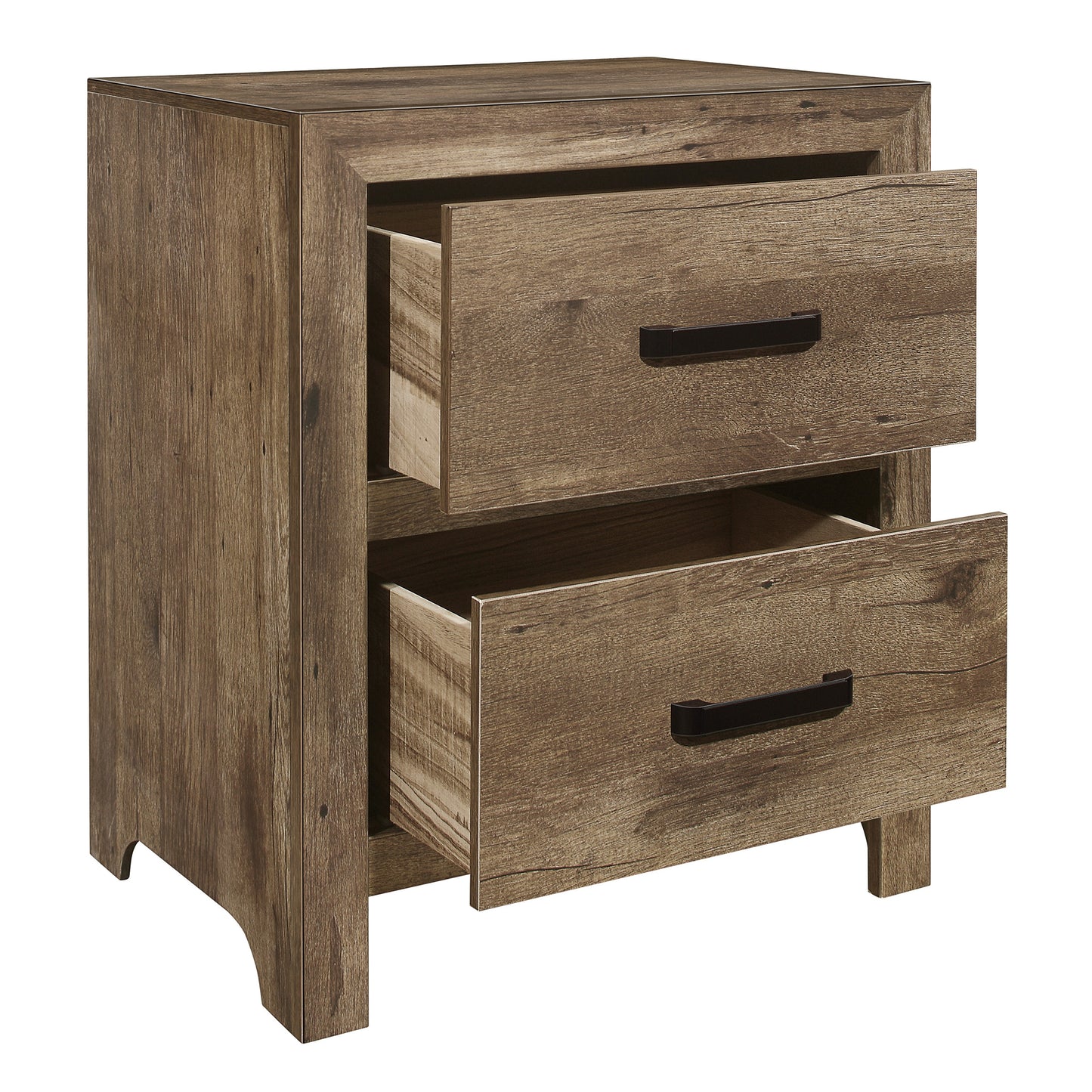 Rustic oak wood nightstand with two drawers and black handles