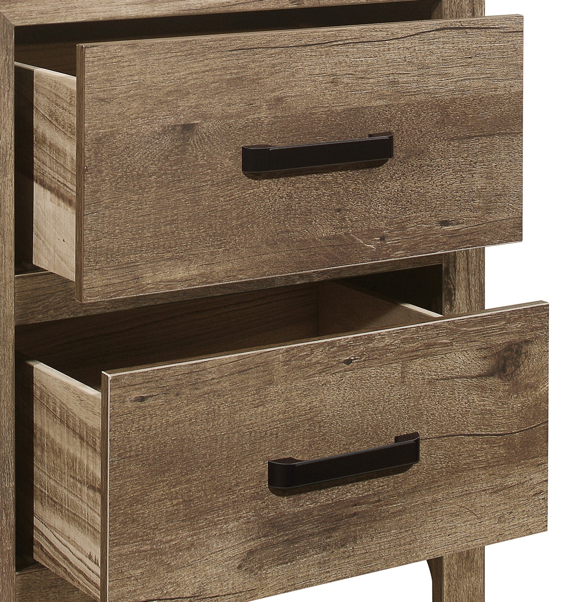 Rustic brown wood grain dresser with two open drawers and black metal handles