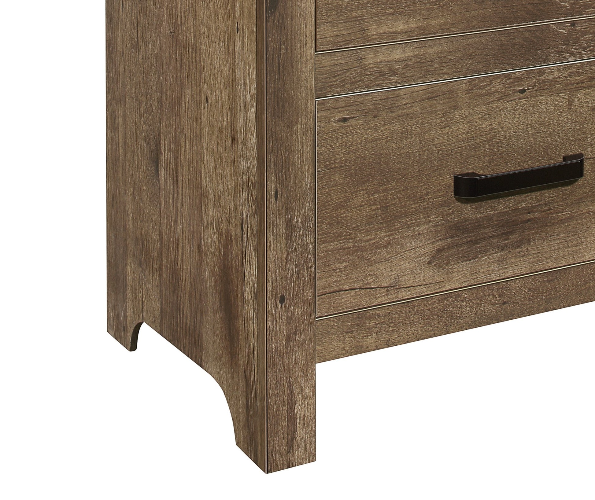 Rustic brown wood dresser side view showing drawer with dark pull
