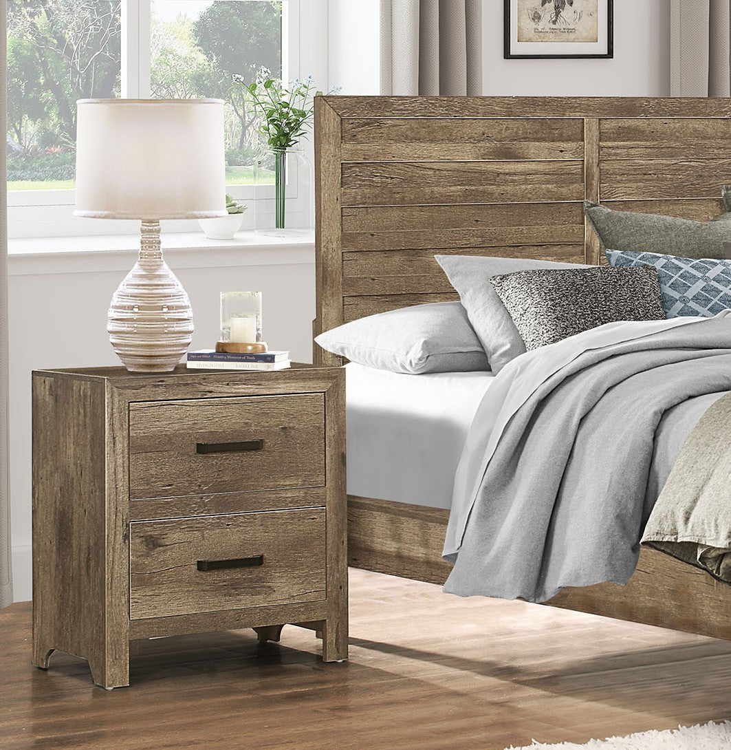 Rustic wood twodrawer nightstand with dark metal handles