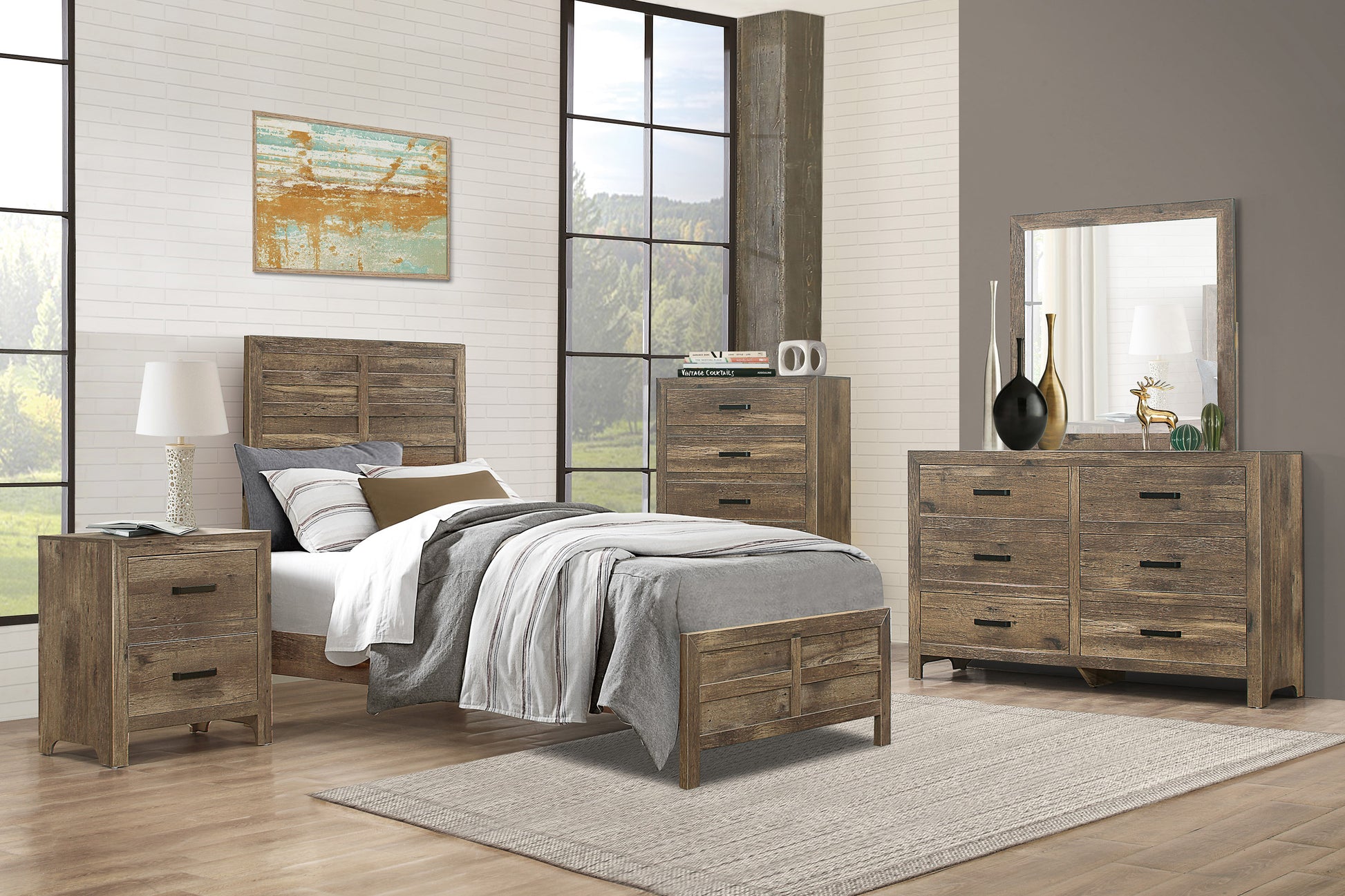 Rustic brown wooden bed frame with a slatted headboard and footboard