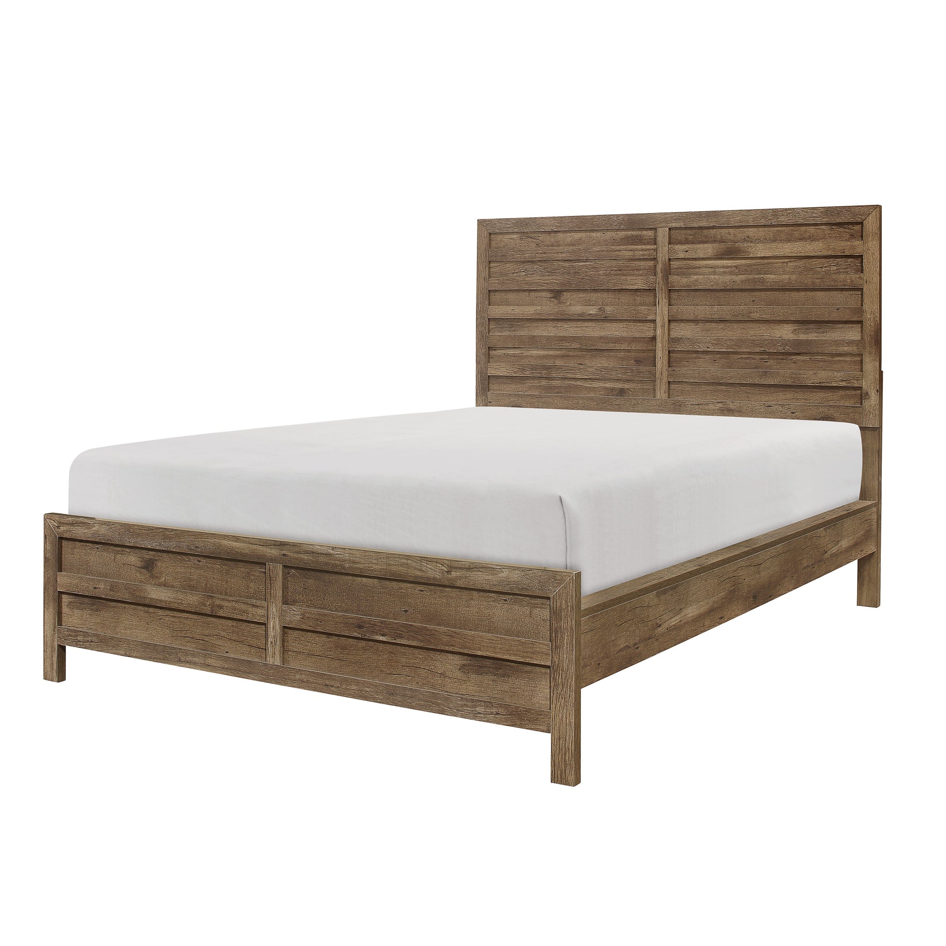 Rustic brown wood platform bed frame with horizontal slats on headboard and footboard