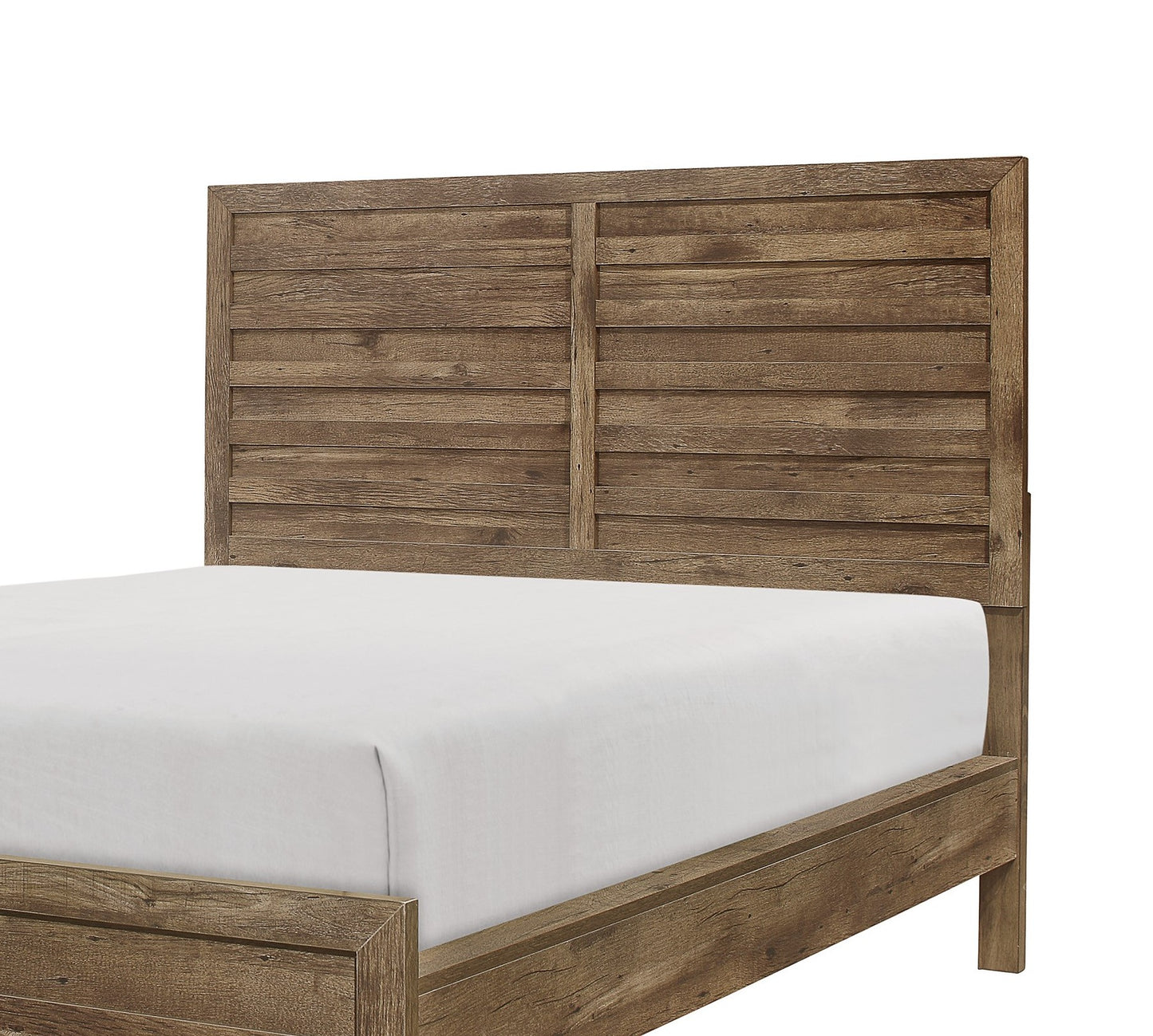 Rustic oak wood plank headboard on a king size bed frame with white linens