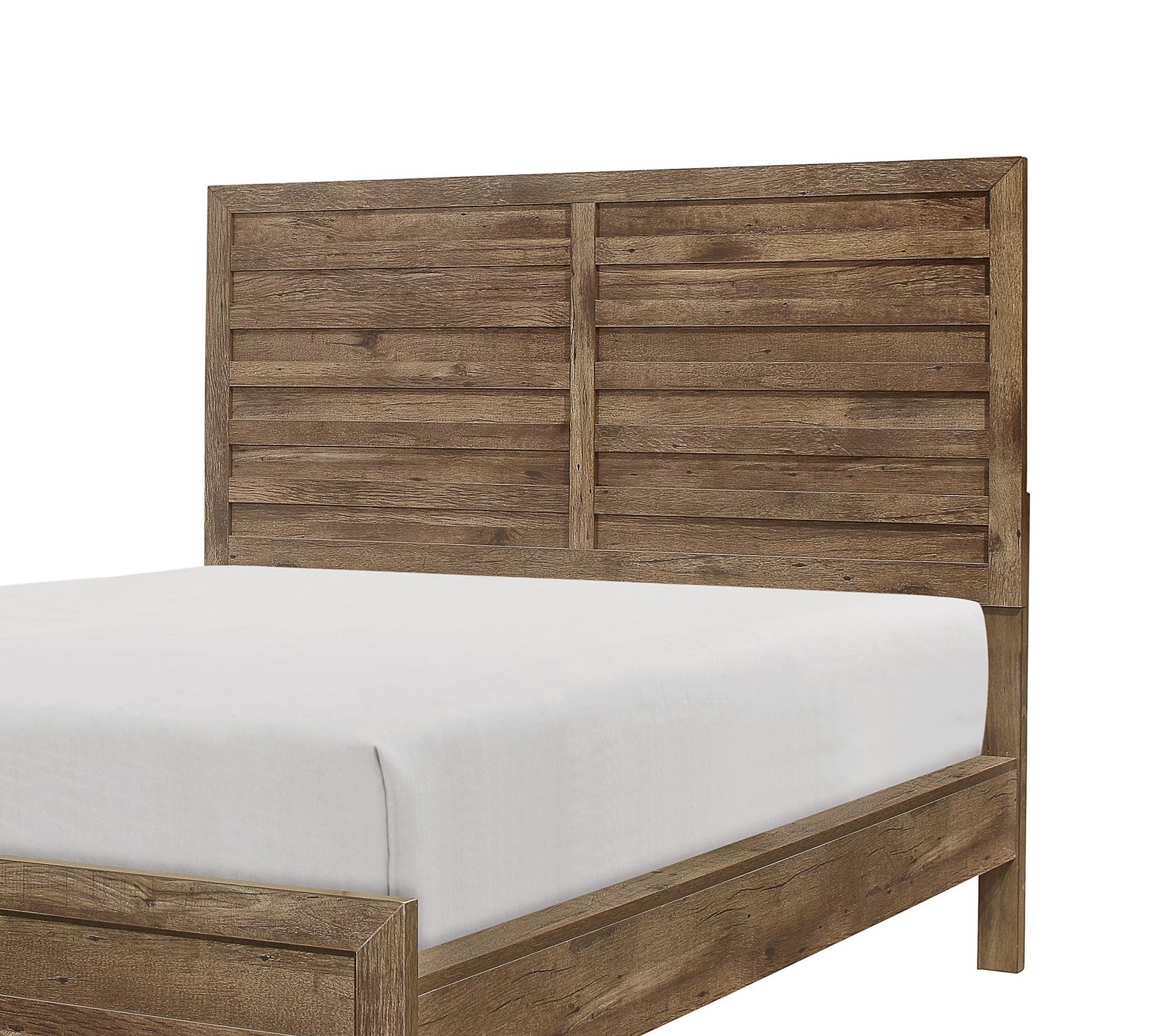 Rustic oak wood plank headboard on a king size bed frame with white linens
