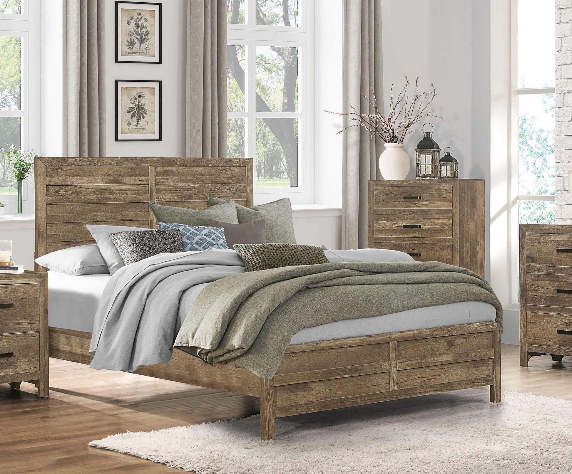 Rustic oak wood queen bed frame with textured headboard