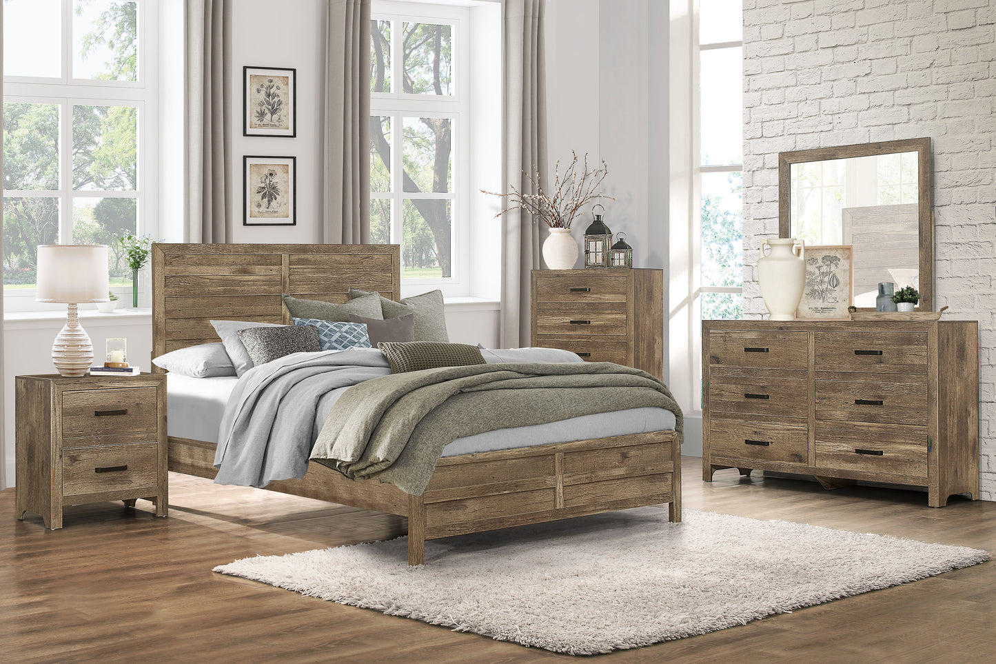 Rustic oak wood king bed frame with distressed finish and headboard