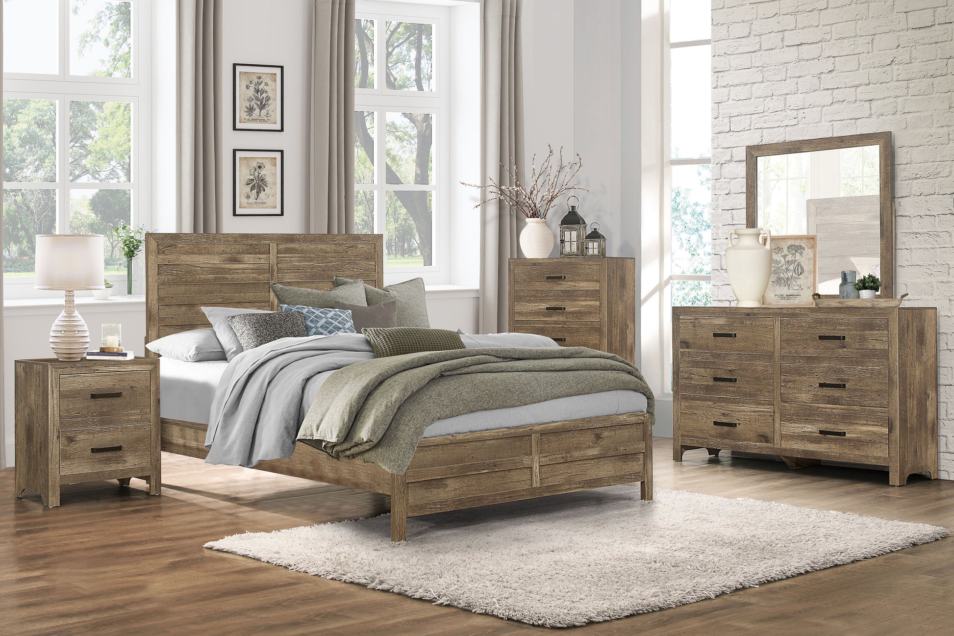 Rustic oak wood king bed frame with distressed finish and headboard