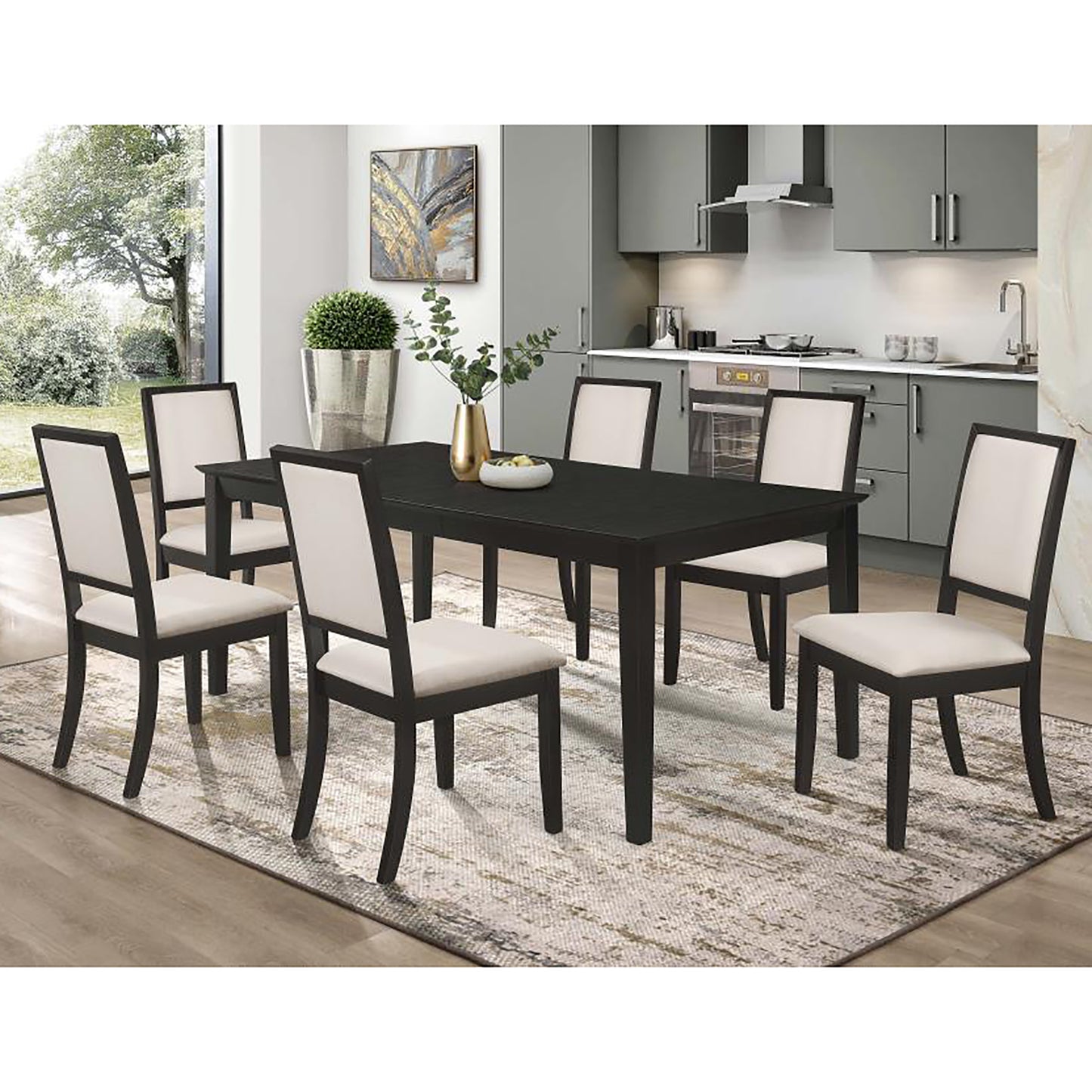 Modern black dining table with six cream upholstered chairs