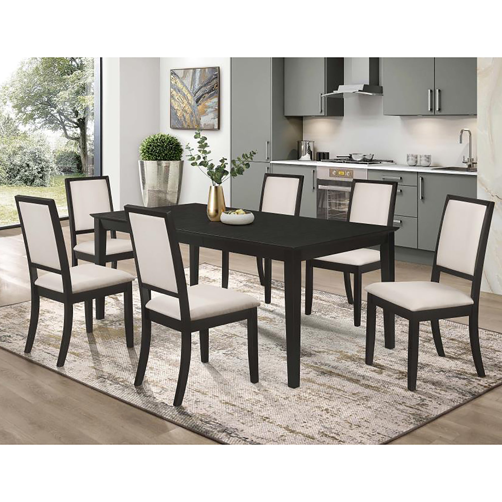 Modern black dining table with six cream upholstered chairs