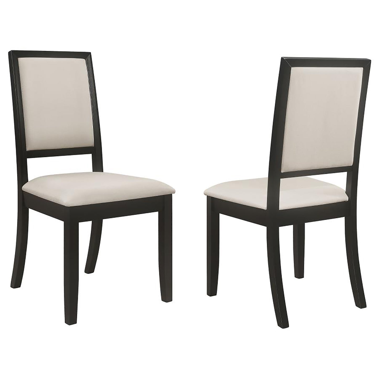 Two modern dining chairs with dark wood frames and beige upholstered seats and backs