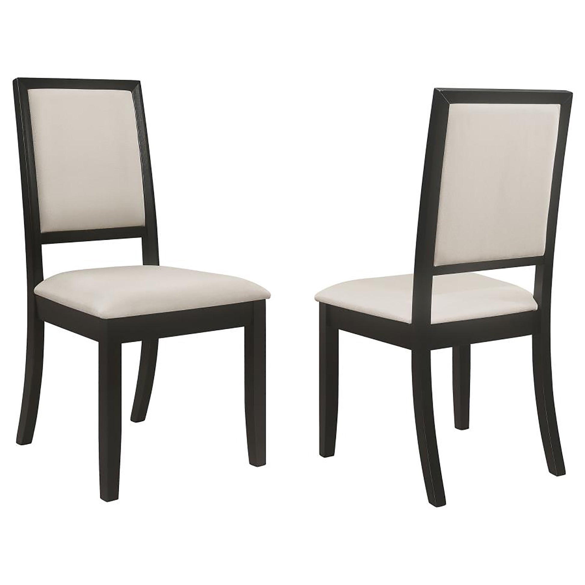 Two modern dining chairs with dark wood frames and beige upholstered seats and backs