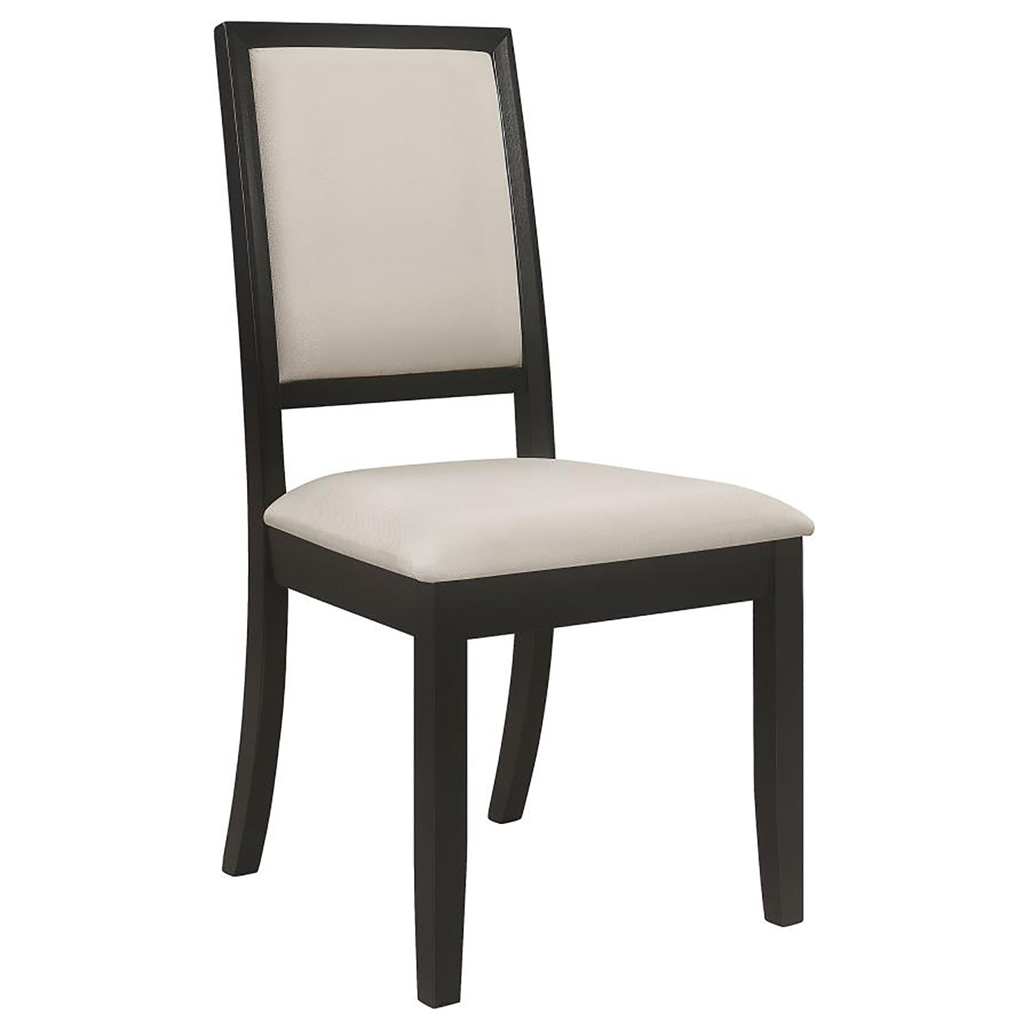 Modern dining chair with dark wood frame and light beige upholstered seat and back