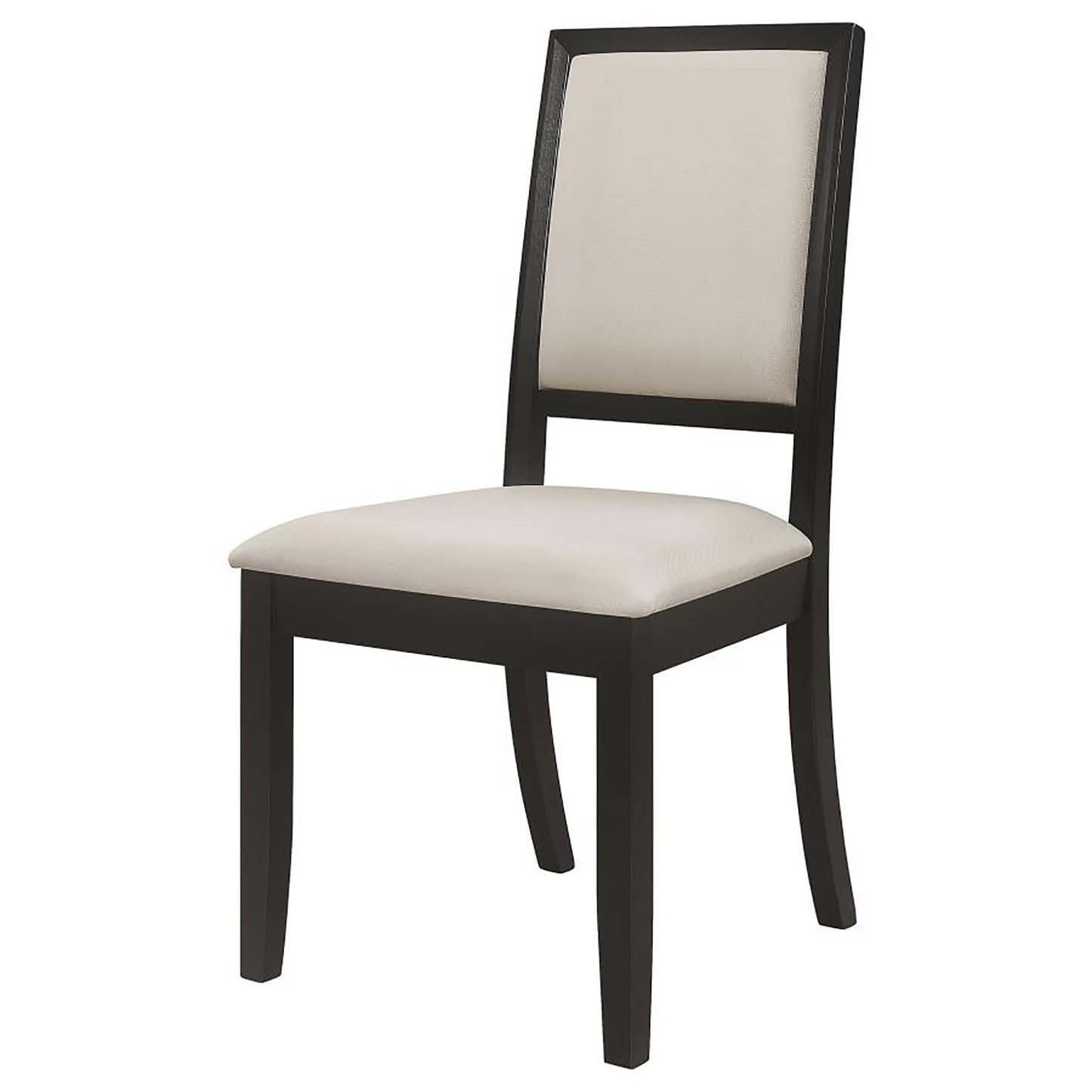 Dark wood dining chair with beige upholstered seat and back for modern homes