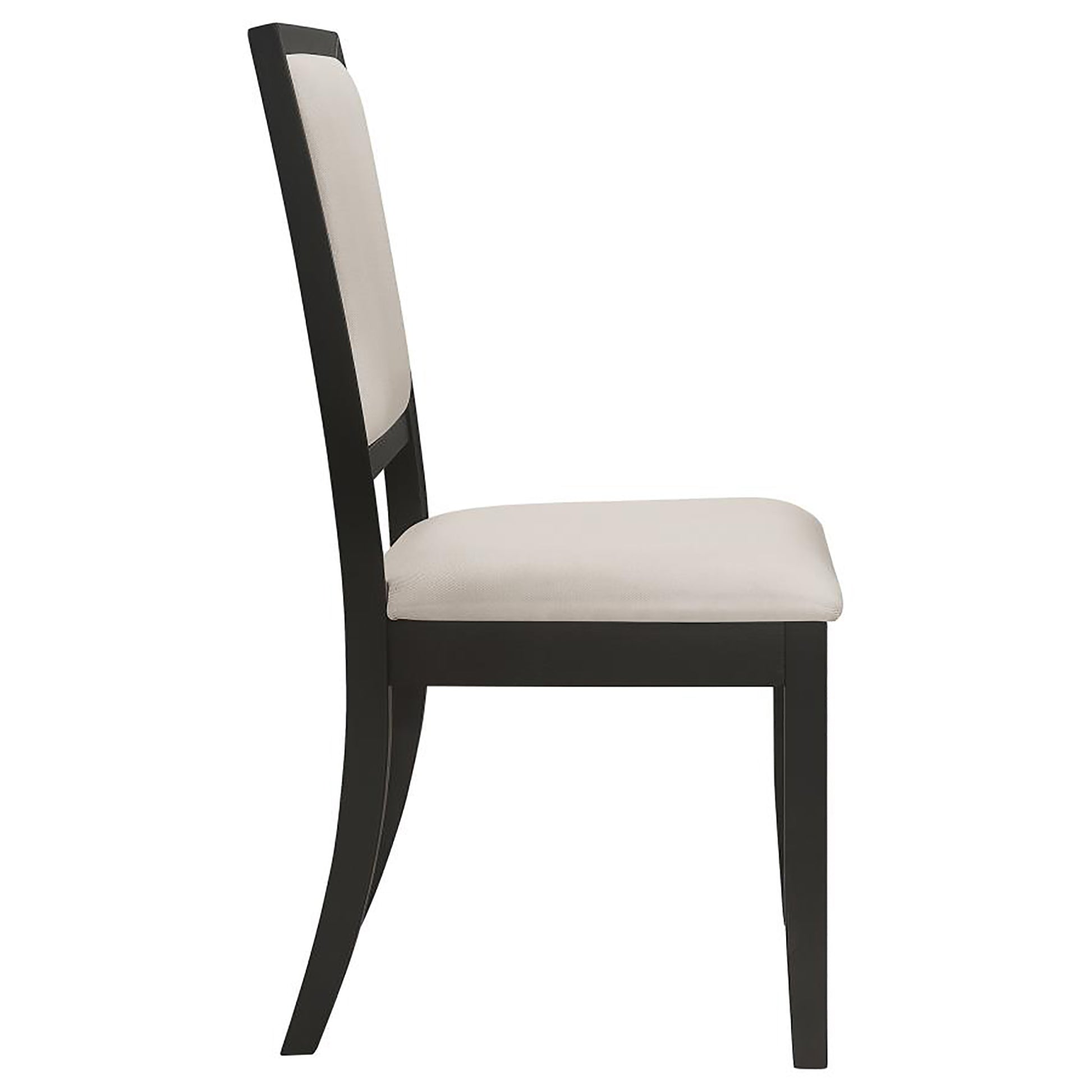 Dark wood dining chair with a comfortable beige upholstered seat and back