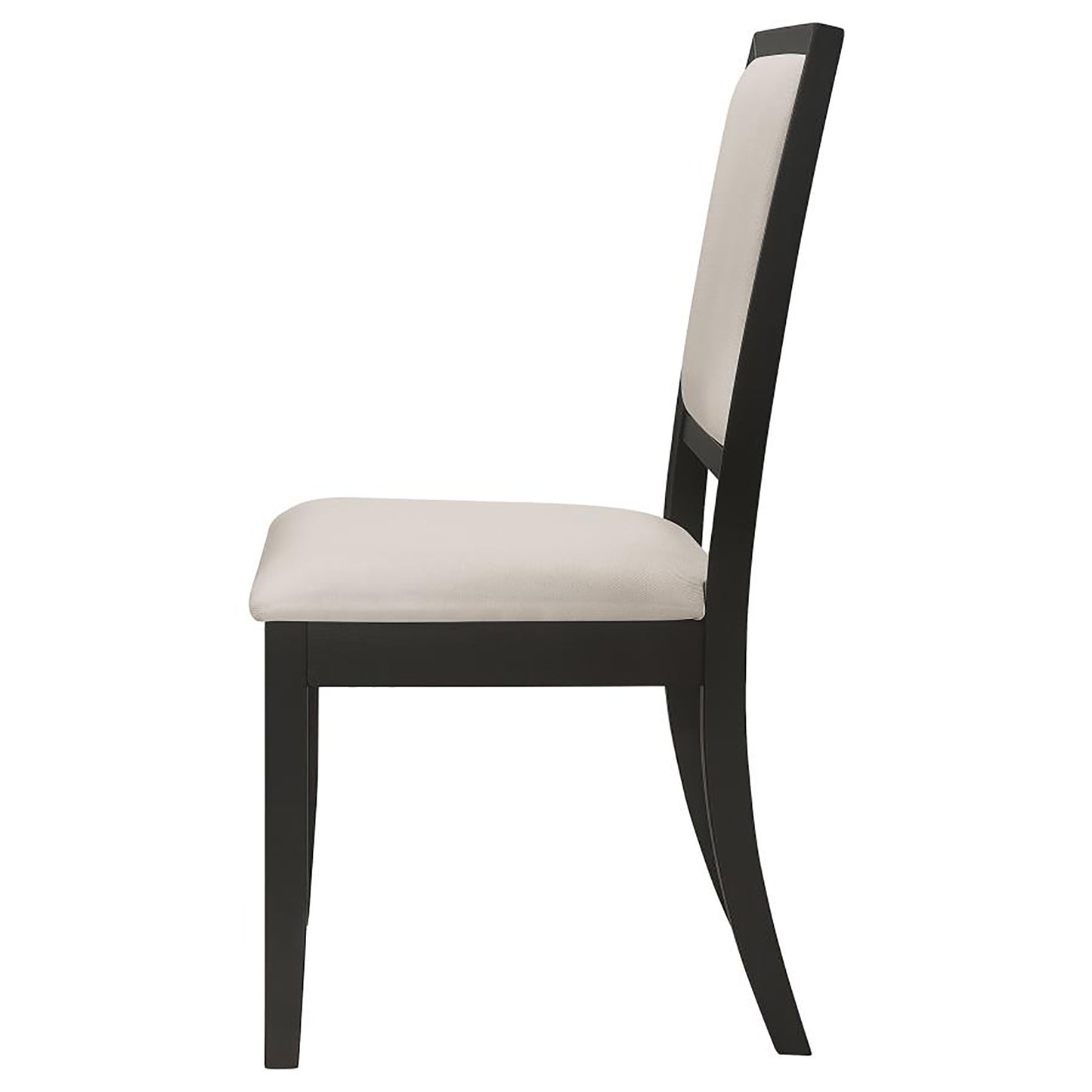 Side view of a dark wood dining chair with an upholstered cream seat and back