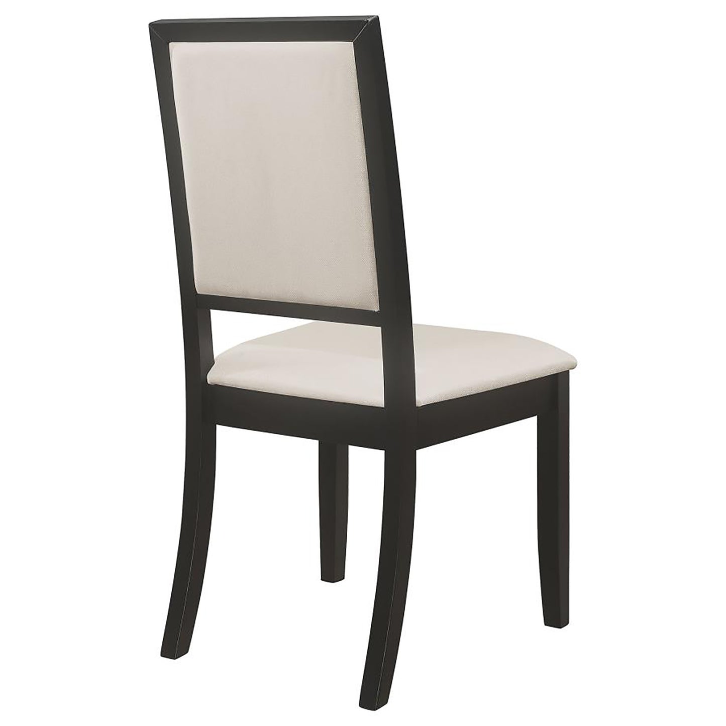 Black wooden dining chair with a neutral upholstered seat and back  characters