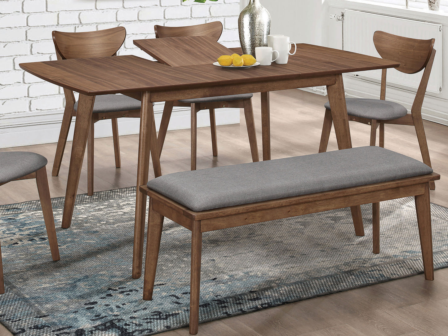 Midcentury modern dining set with walnut wood table grey upholstered chairs and bench