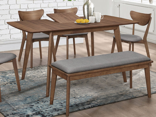 Midcentury modern dining set with walnut wood table grey upholstered chairs and bench