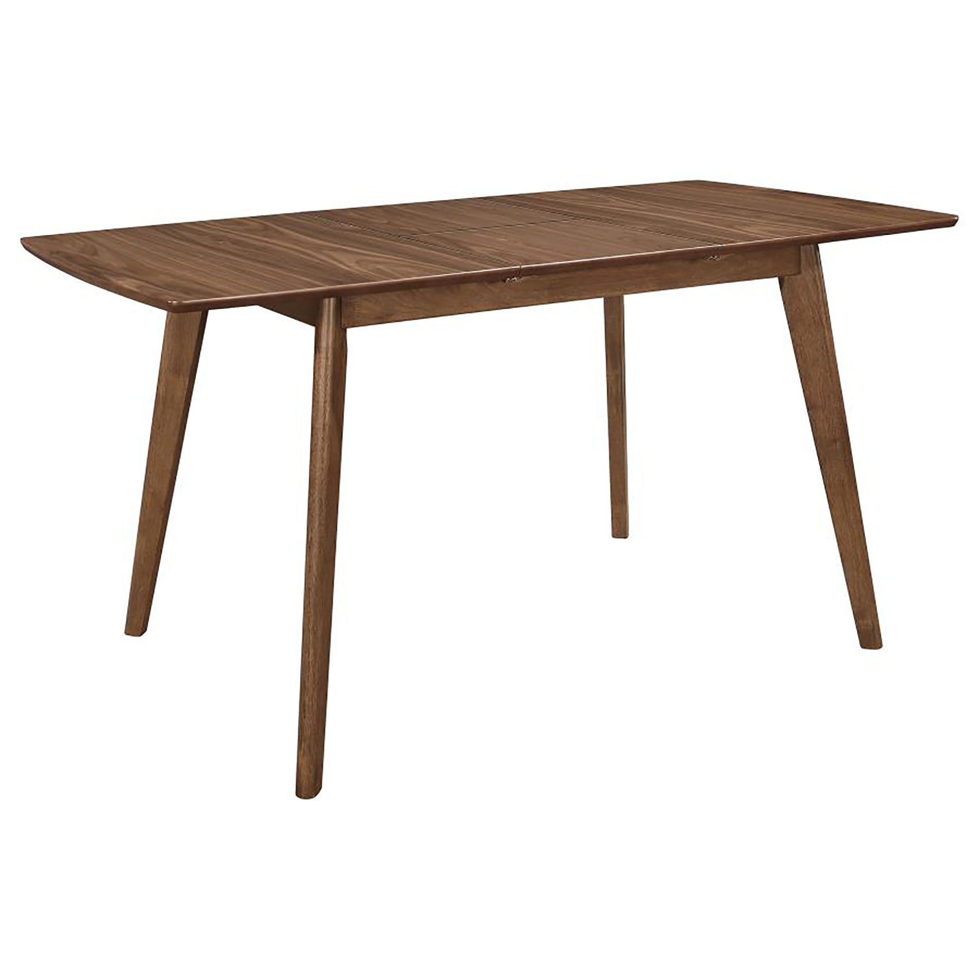 Rectangular walnut dining table with tapered legs and an expandable leaf for versatile seating
