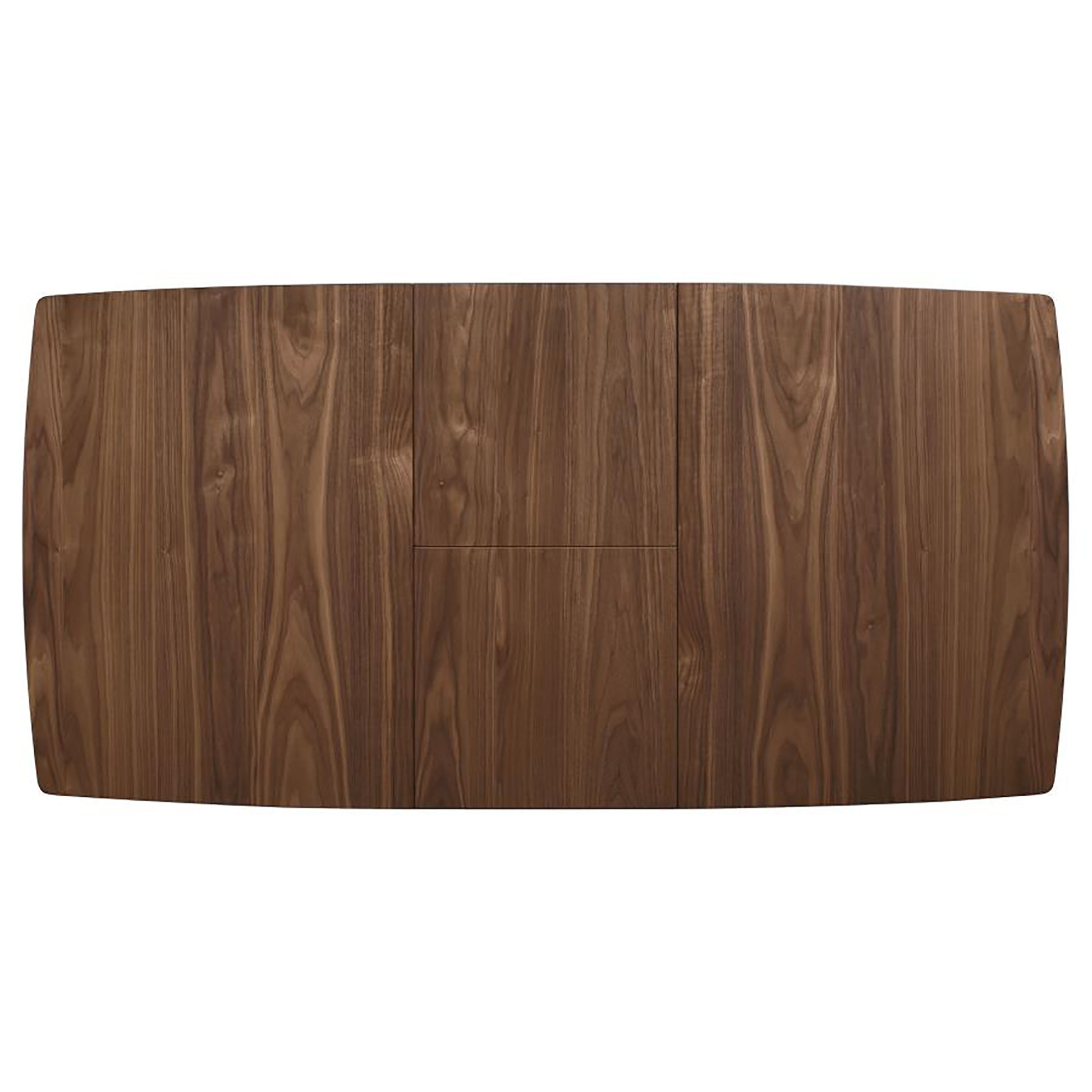 Rustic walnut veneer dining table with rounded edges showcasing natural wood grain patterns
