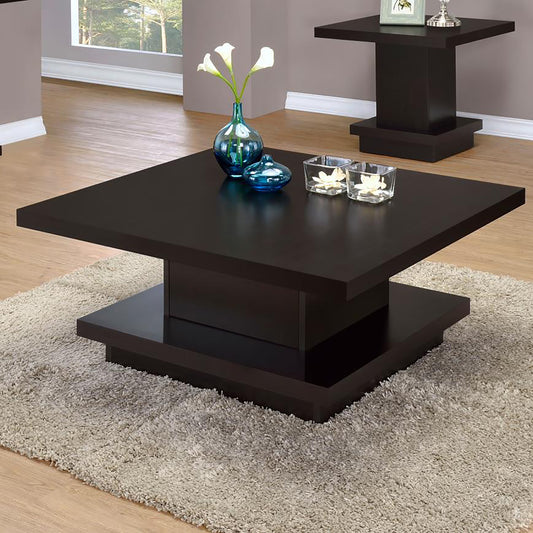 Dark espresso modern coffee table with a stacked design on a shaggy rug