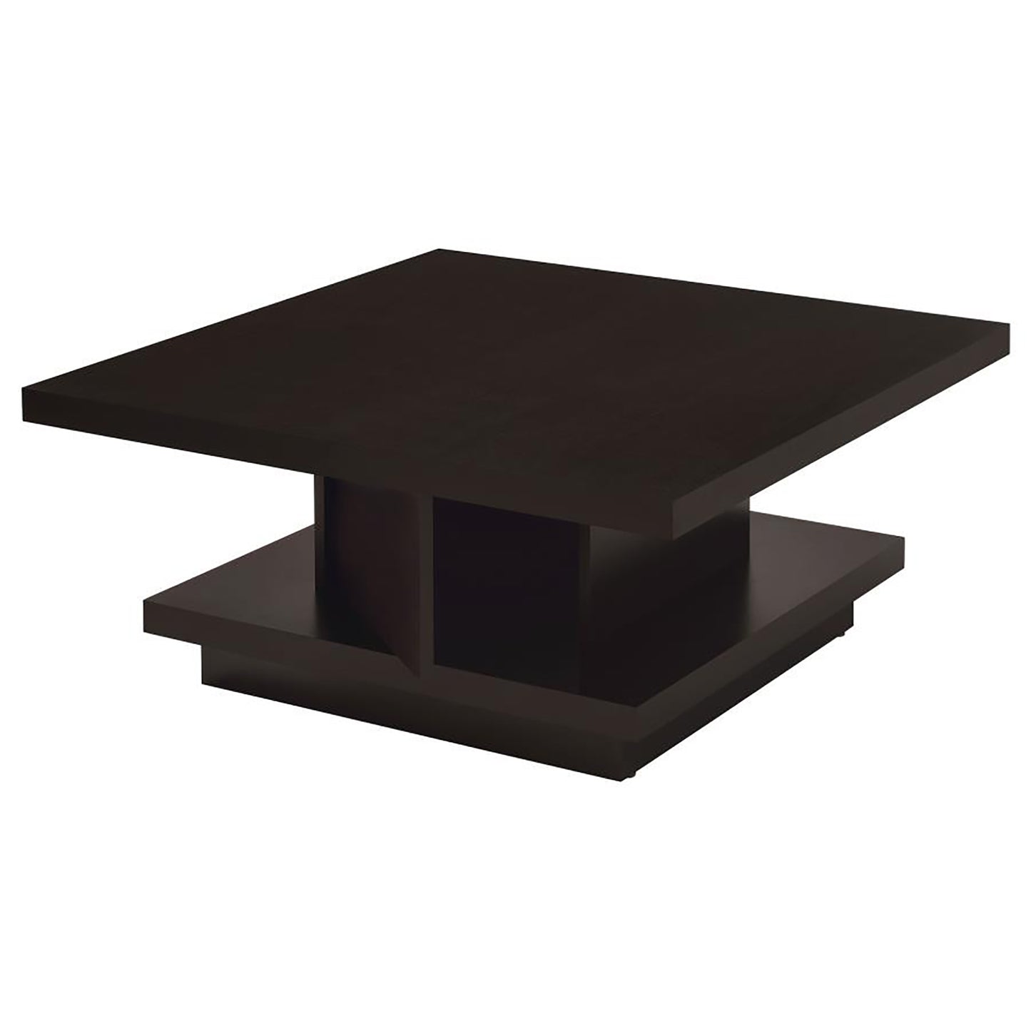Modern dark brown square coffee table with open shelving