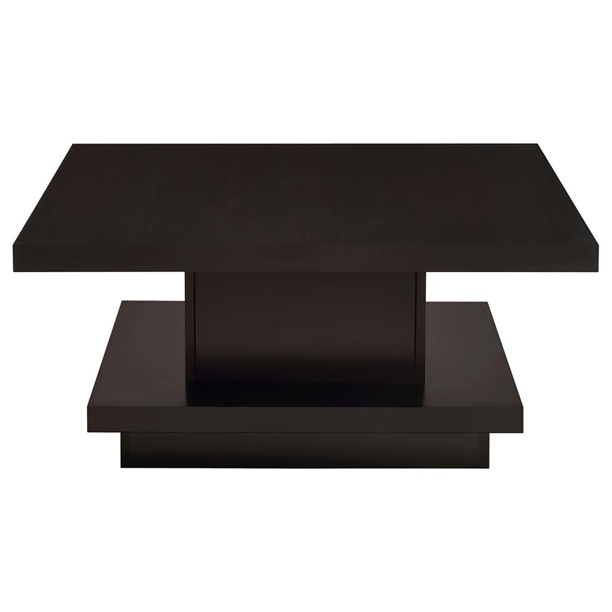 Modern dark wood square coffee table with a cantilevered design for a chic living room