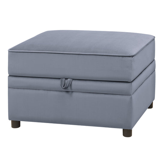 Gray upholstered storage ottoman with tufted lid and dark wood legs