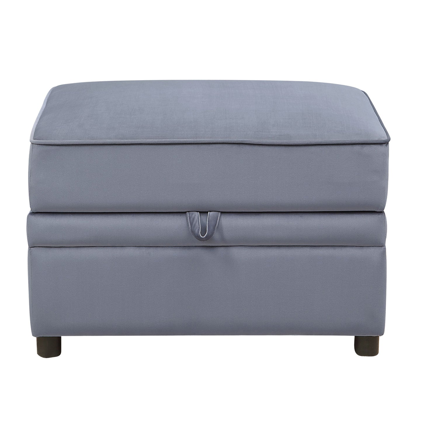 Grey upholstered storage ottoman with a pull tab for lid access perfect for living room seating