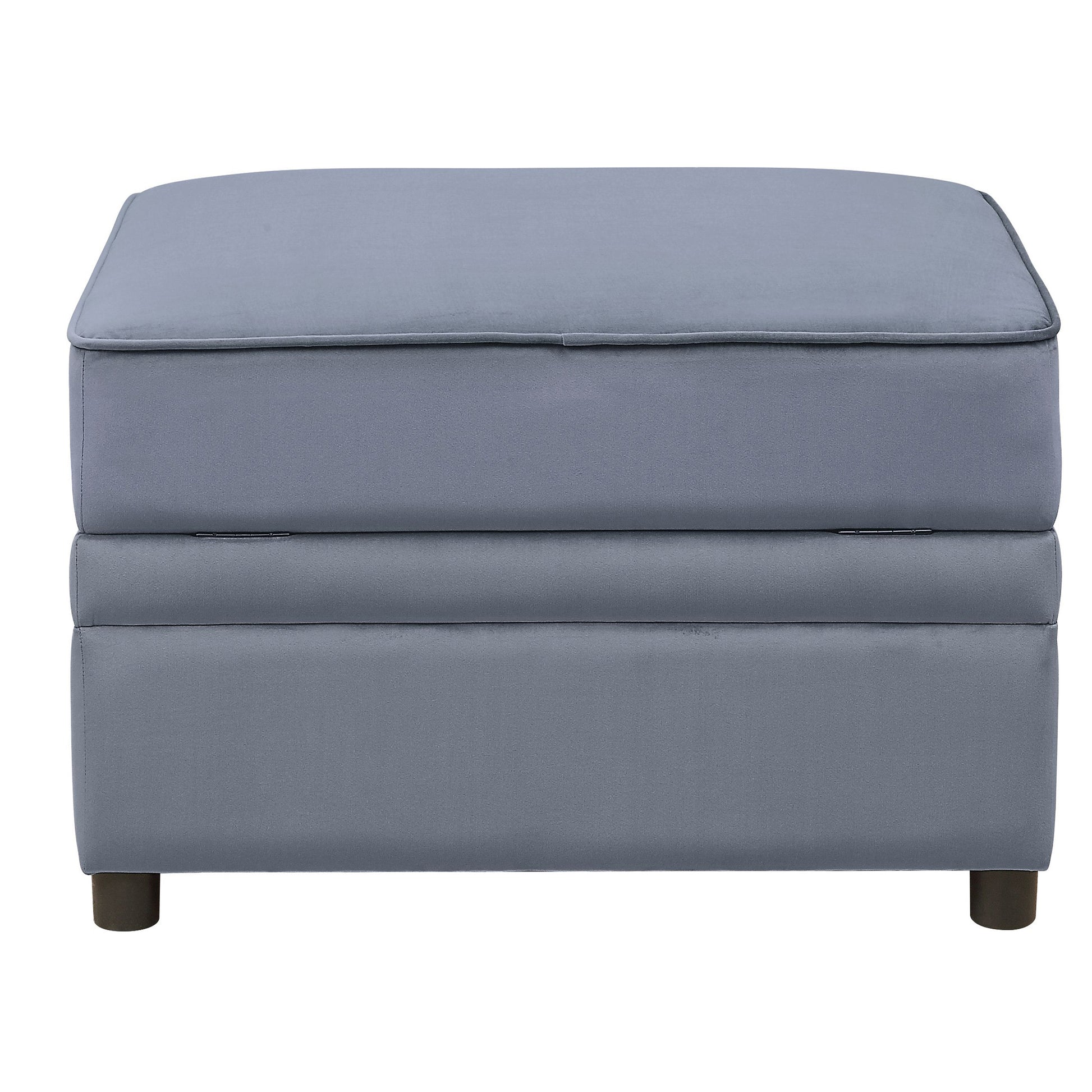 Gray fabric storage ottoman with tufted lid and dark wooden legs