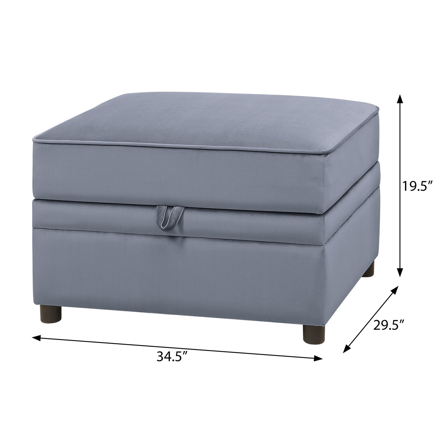 Gray fabric storage ottoman with lifttop seat and wooden legs for living room use